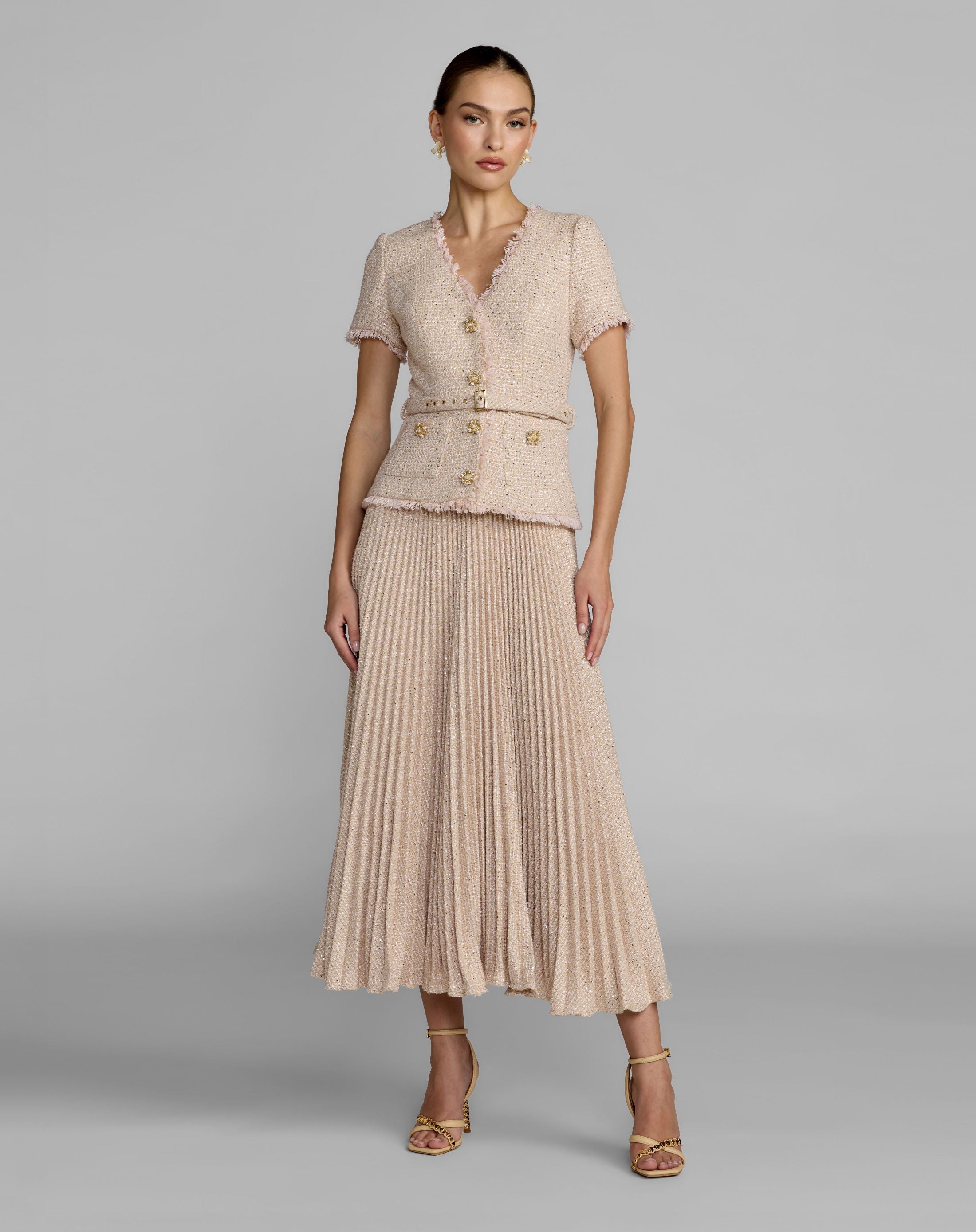 Light Pink Bouclé Button Front Pleated Dress Ieena for Mac Duggal
