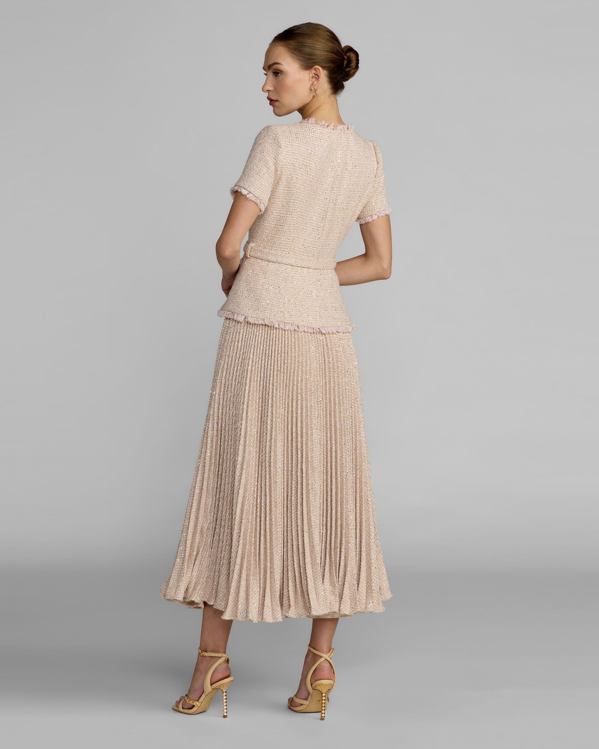 Light Pink Bouclé Button Front Pleated Dress Ieena for Mac Duggal