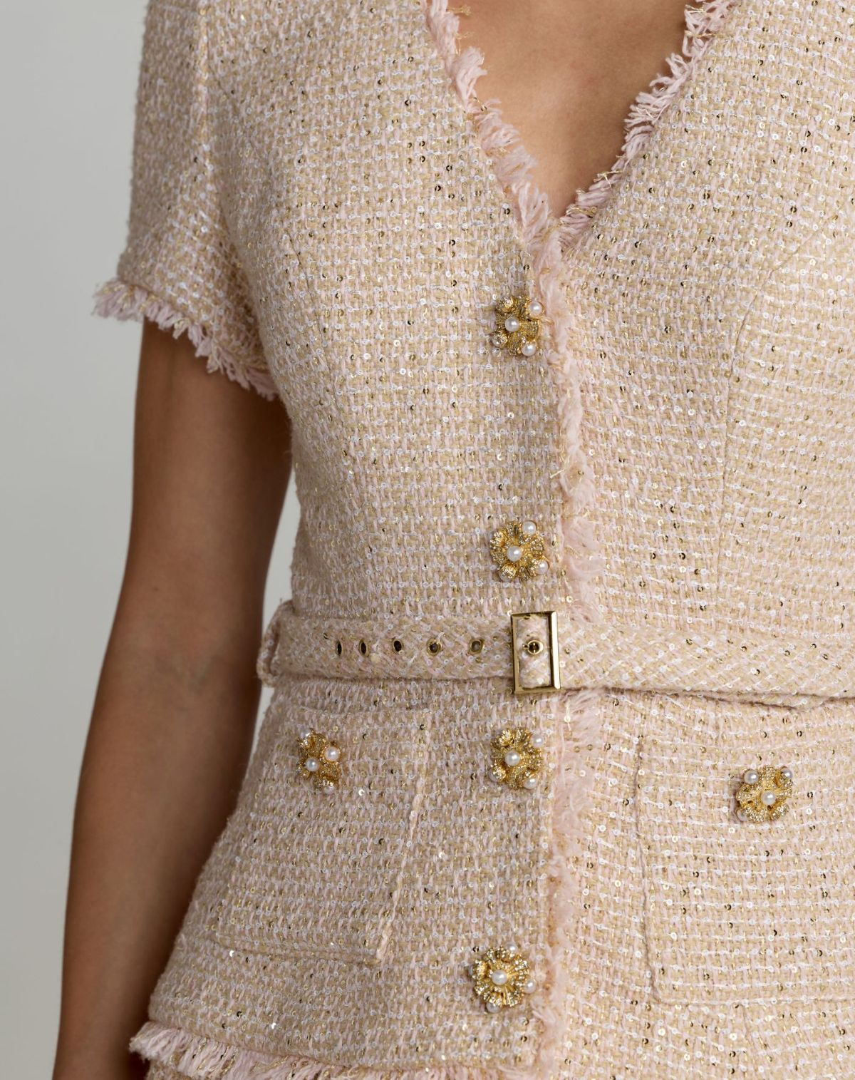 Light Pink Bouclé Button Front Pleated Dress Ieena for Mac Duggal