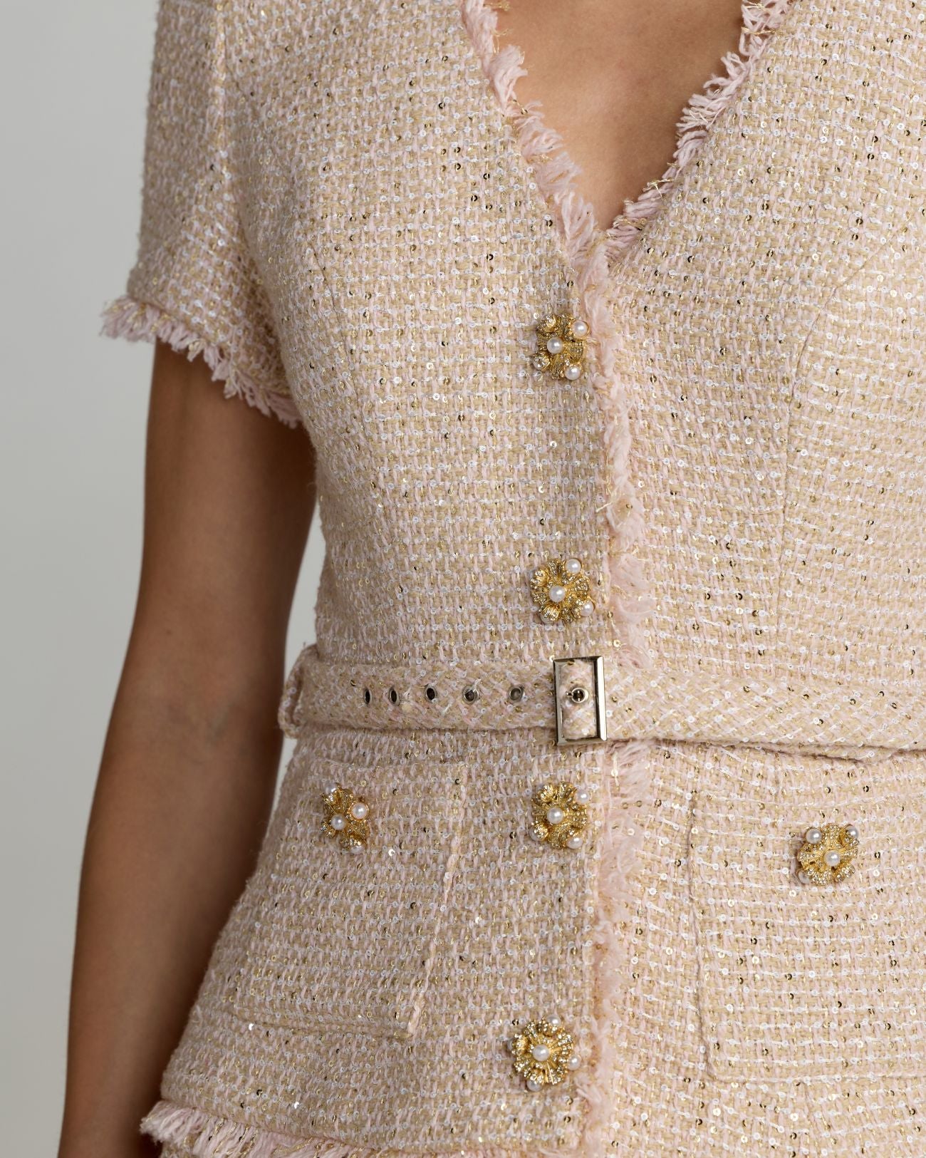 Light Pink Bouclé Button Front Pleated Dress Ieena for Mac Duggal
