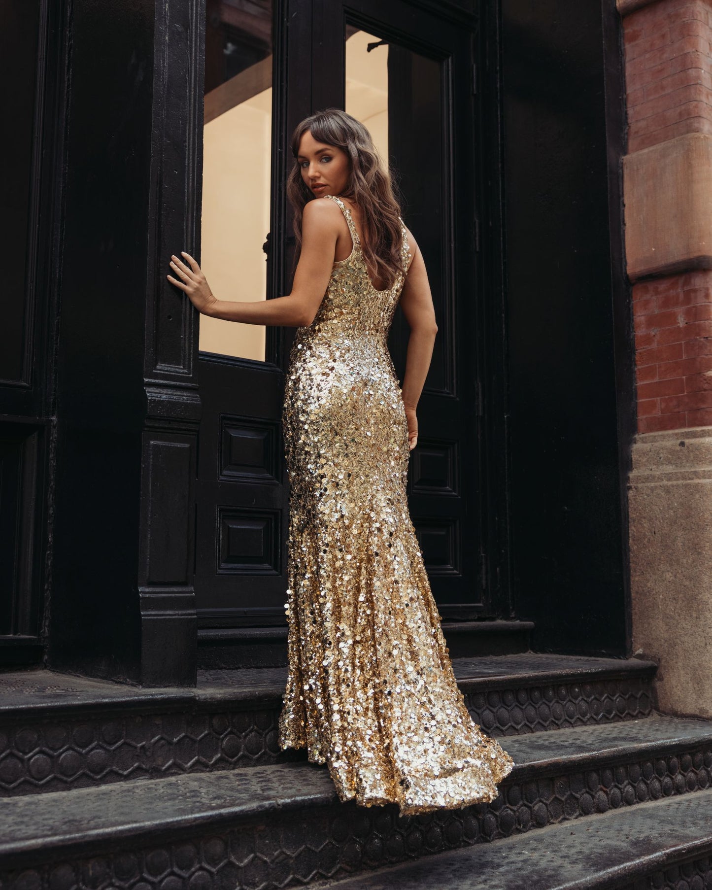 Gold Mixed Sequin Mermaid Gown Mac Duggal