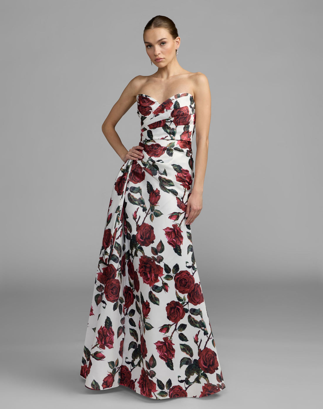 White Floral Strapless Satin Gown With Bow - Ieena for Mac Duggal