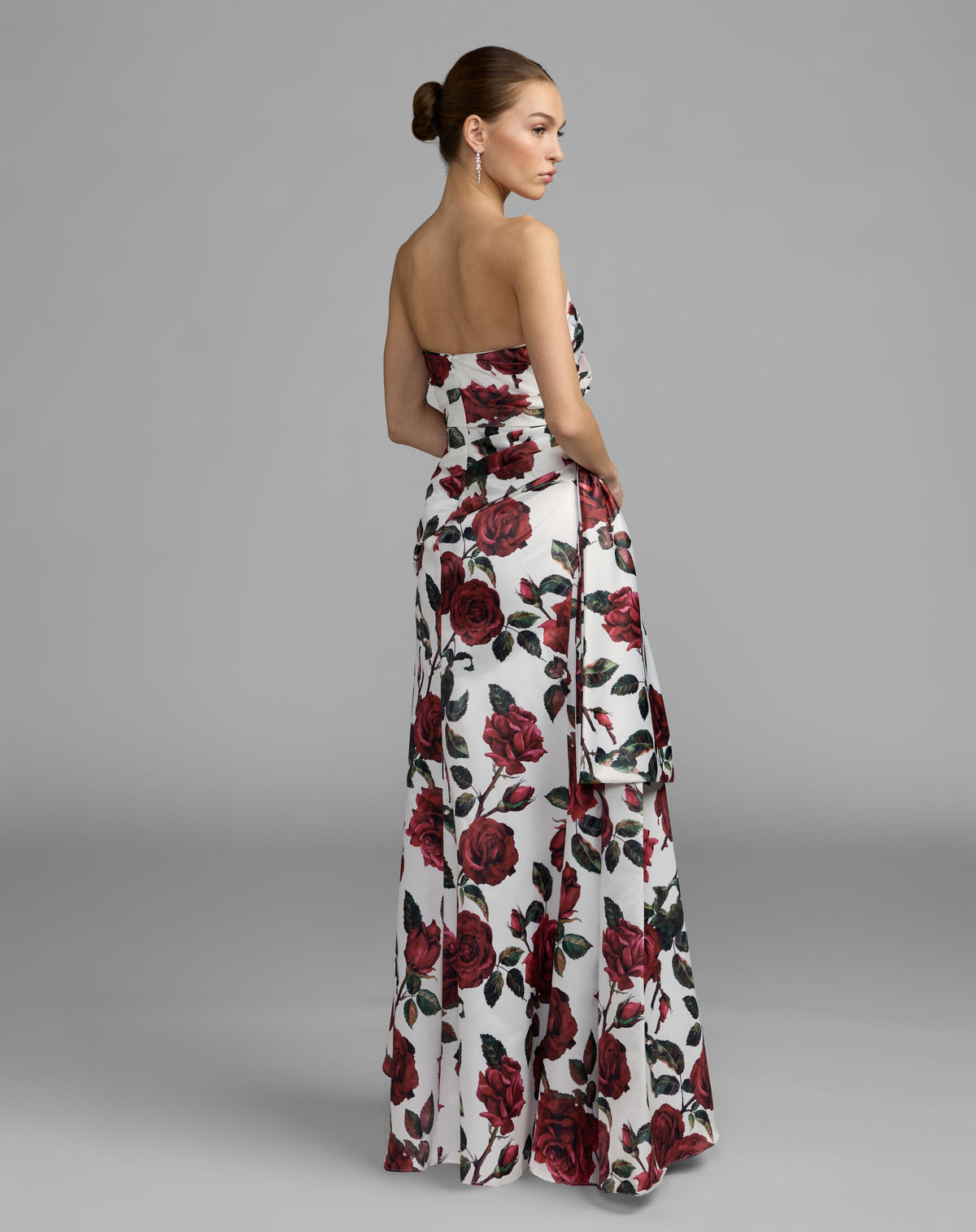 White Floral Strapless Satin Gown With Bow - Ieena for Mac Duggal