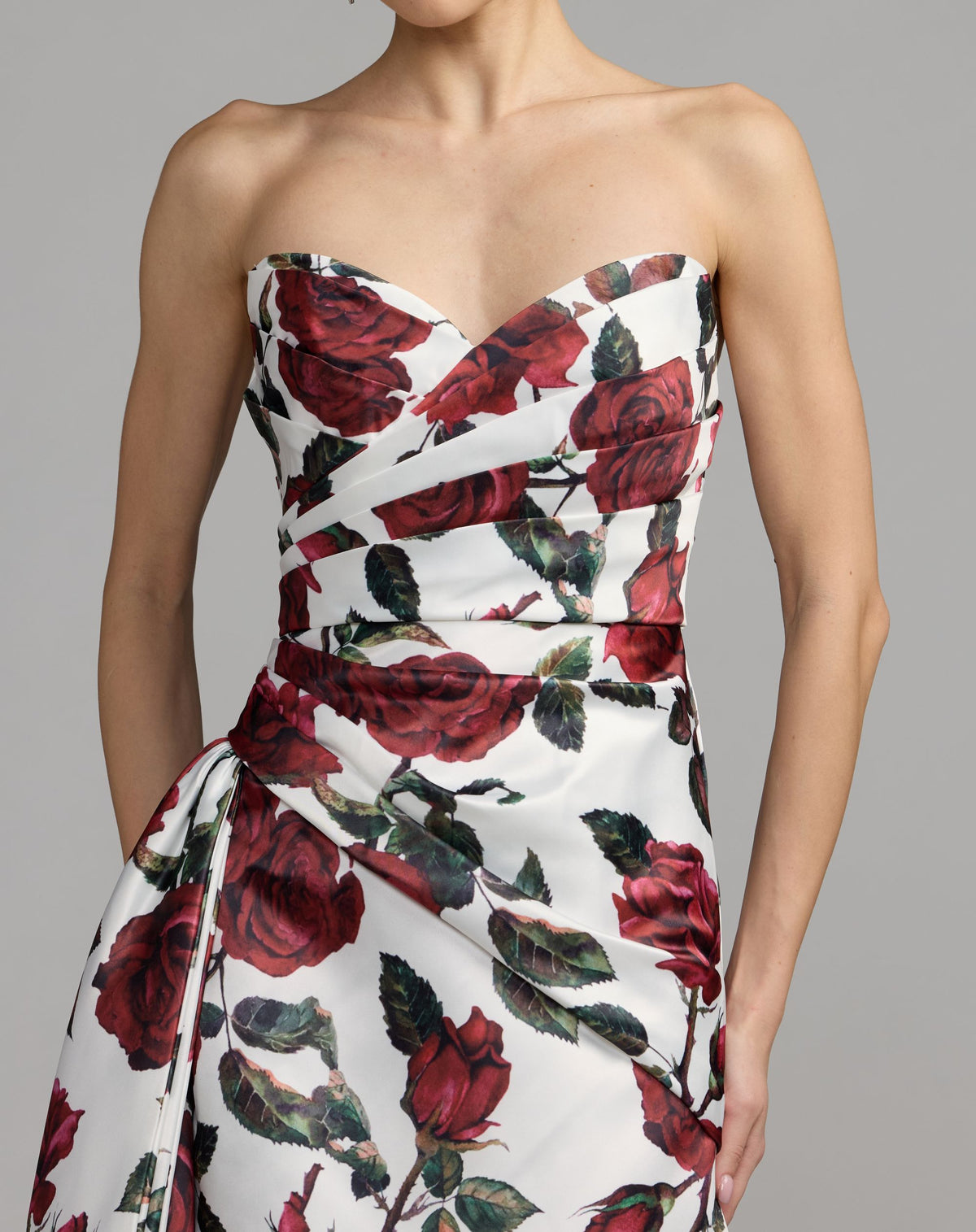 White Floral Strapless Satin Gown With Bow - Ieena for Mac Duggal