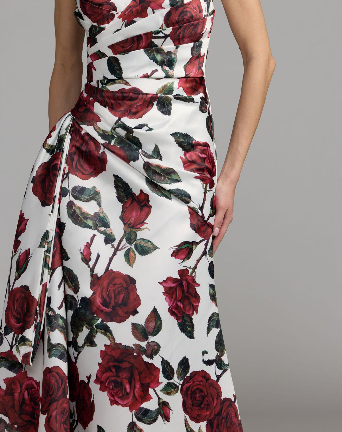 White Floral Strapless Satin Gown With Bow - Ieena for Mac Duggal