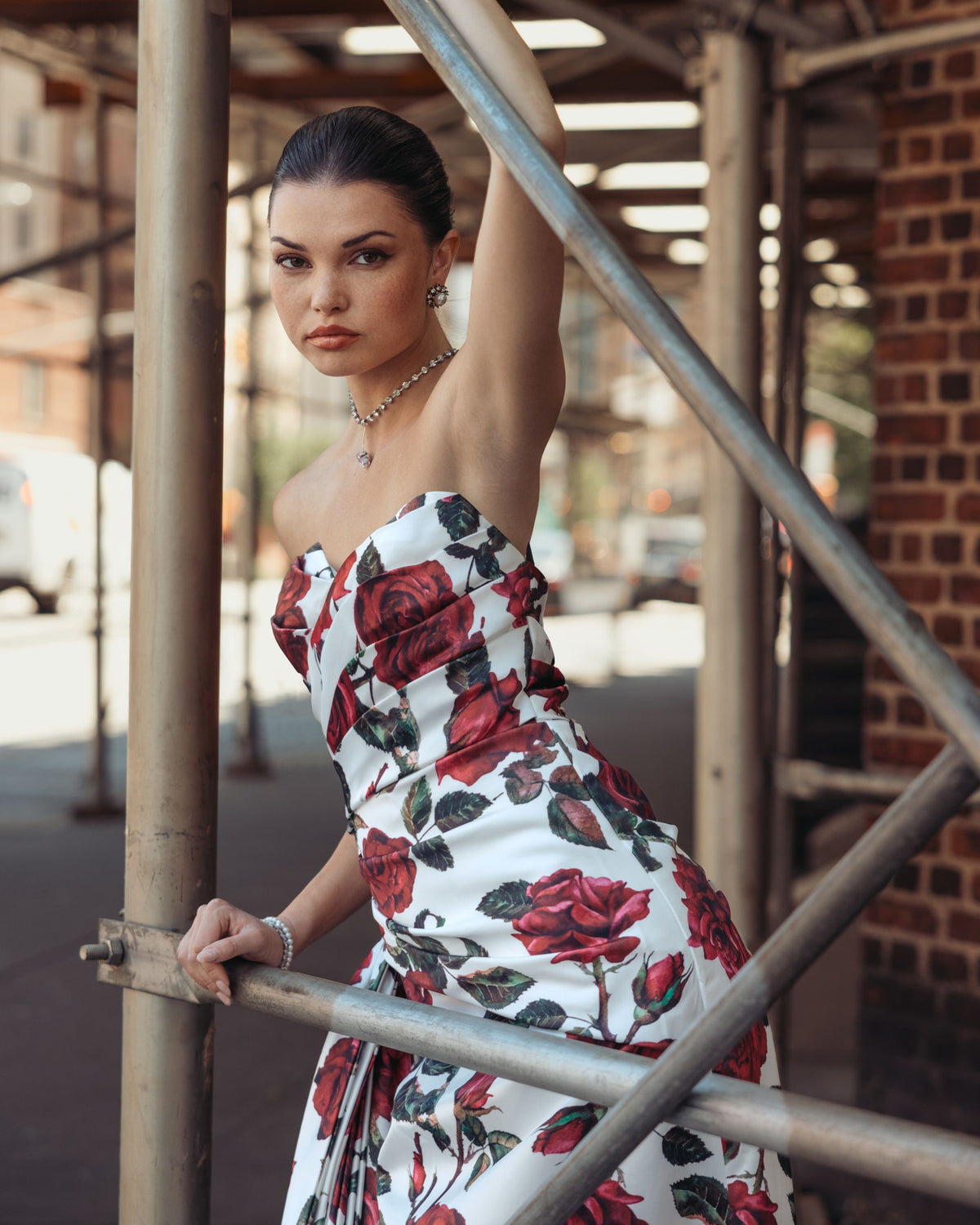 White Floral Strapless Satin Gown With Bow - Ieena for Mac Duggal