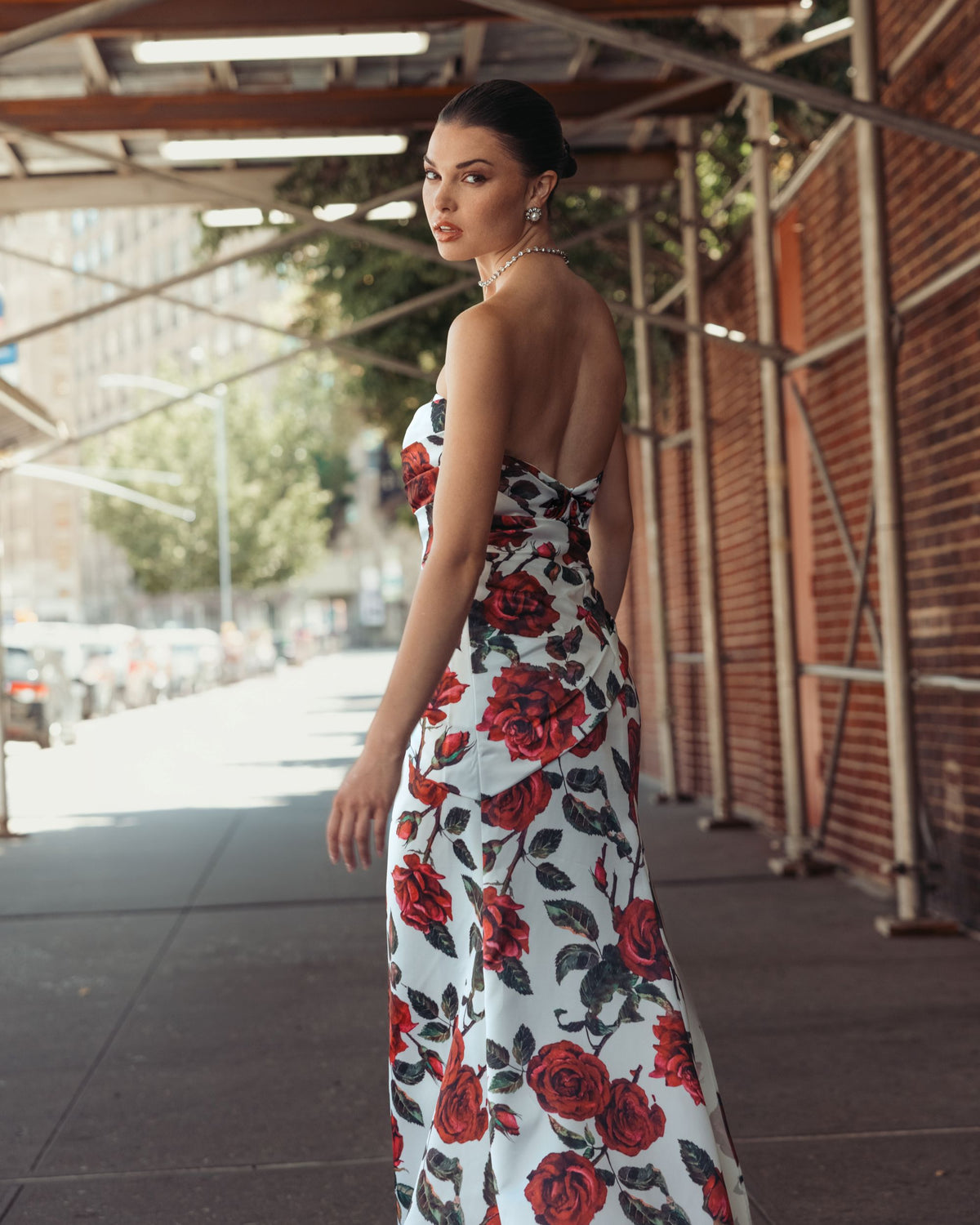 White Floral Strapless Satin Gown With Bow - Ieena for Mac Duggal