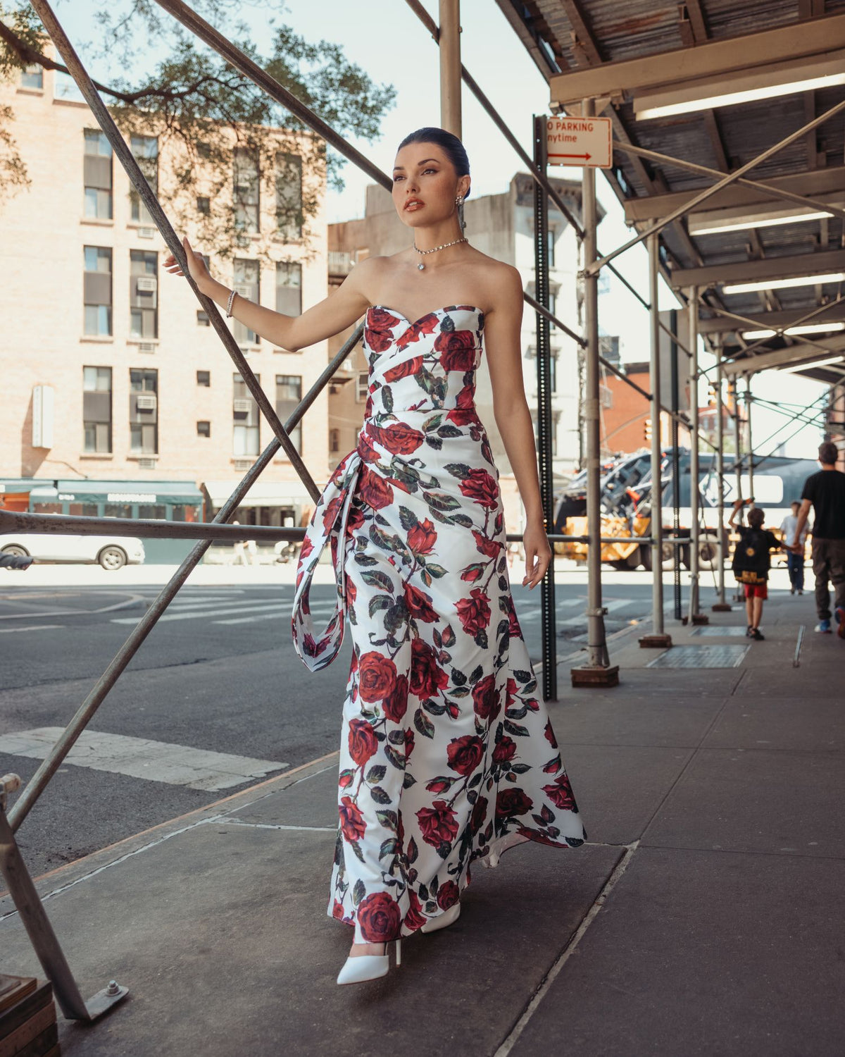 White Floral Strapless Satin Gown With Bow - Ieena for Mac Duggal
