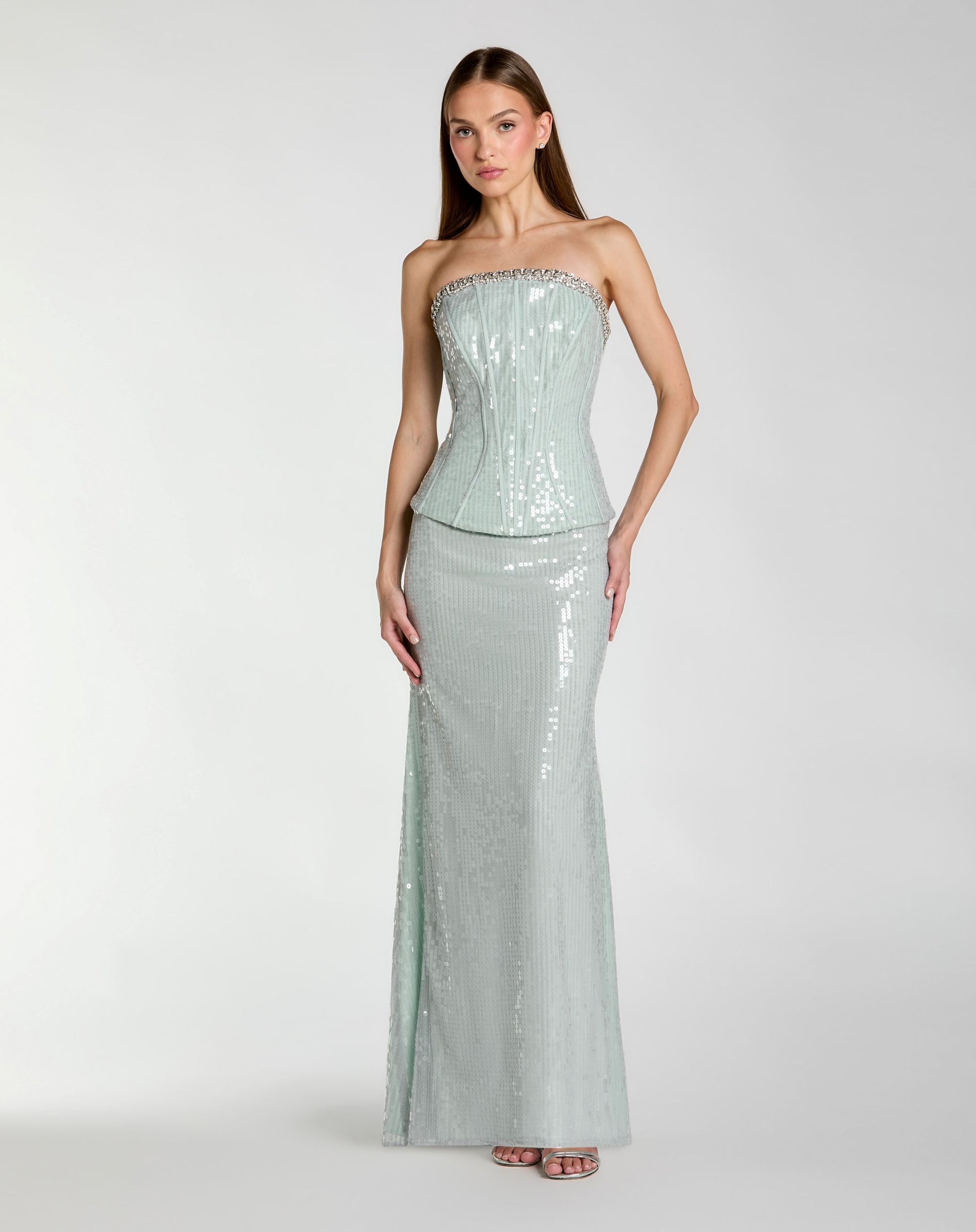 Blue Strapless Sequin Peplum Gown With Rhinestone Trim - Ieena for Mac Duggal