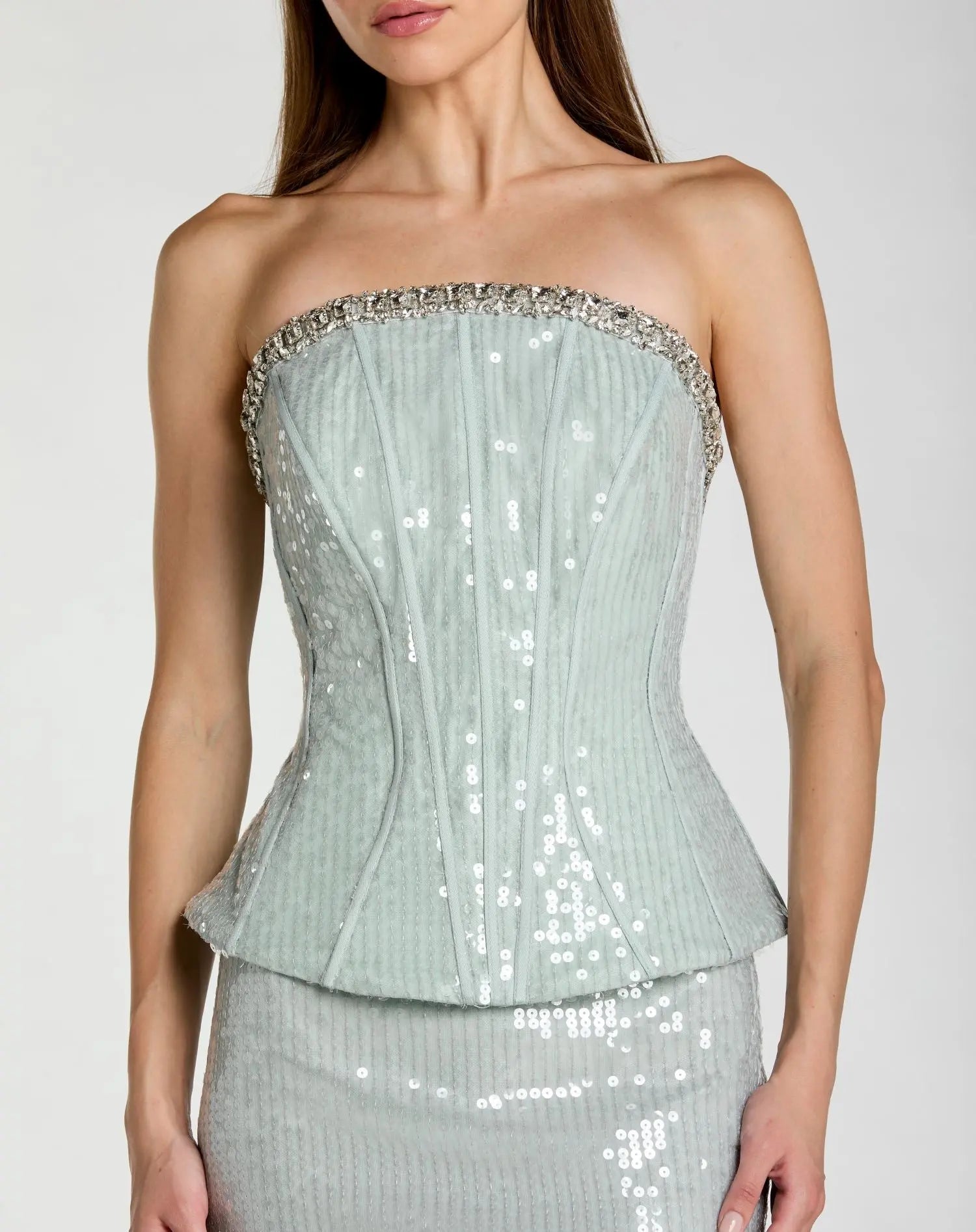 Blue Strapless Sequin Peplum Gown With Rhinestone Trim | Mac Duggal Blue Strapless Sequin Peplum Gown With Rhinestone Trim | Mac Duggal