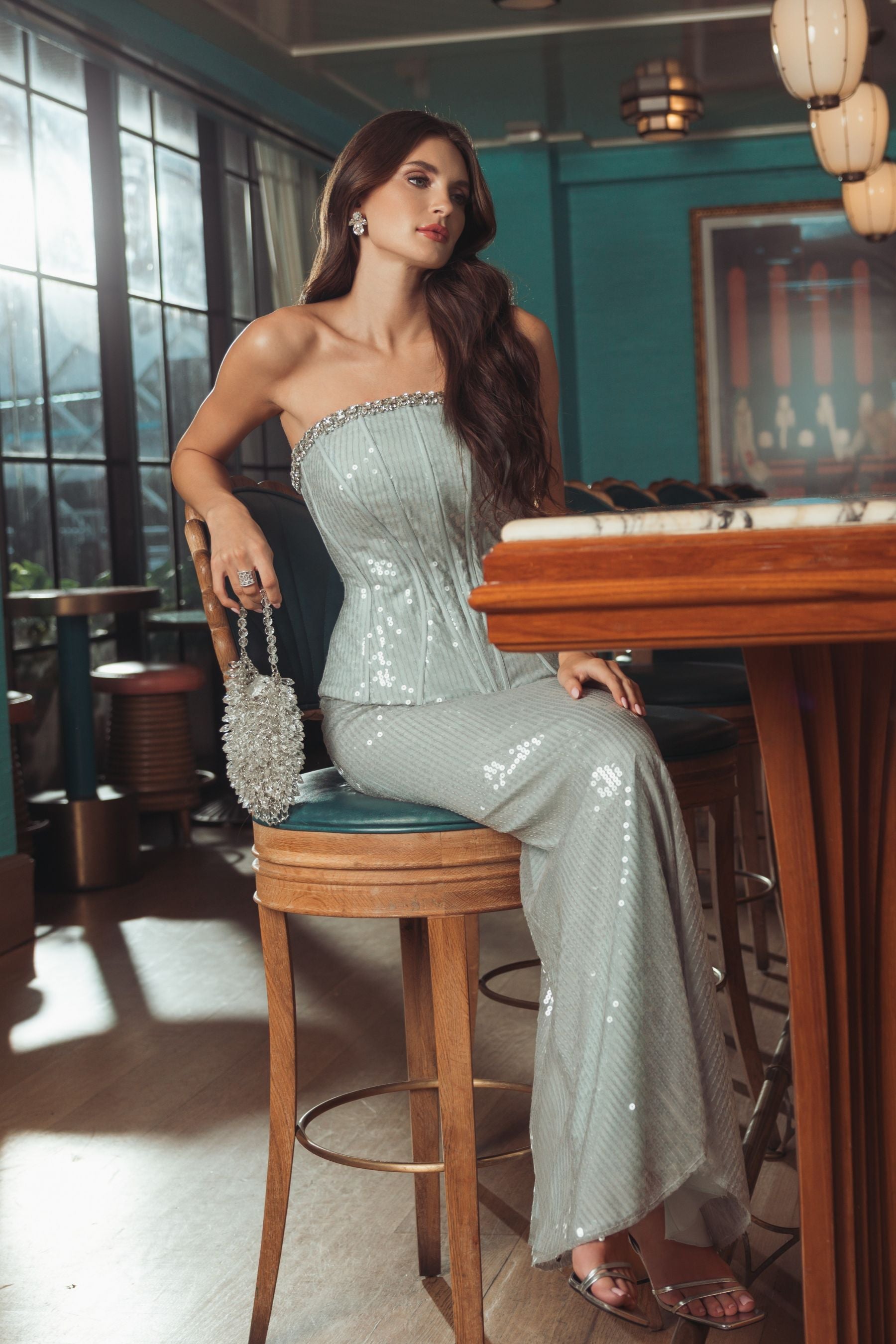 Blue Strapless Sequin Peplum Gown With Rhinestone Trim - Ieena for Mac Duggal