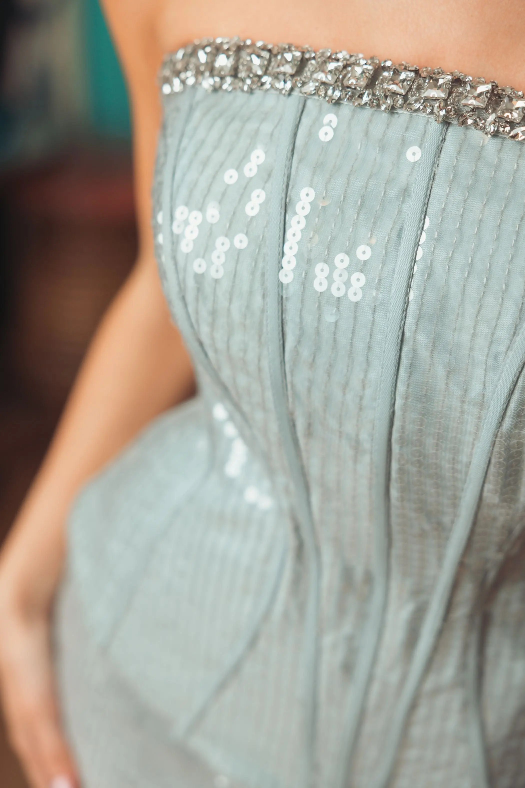 Blue Strapless Sequin Peplum Gown With Rhinestone Trim - Ieena for Mac Duggal