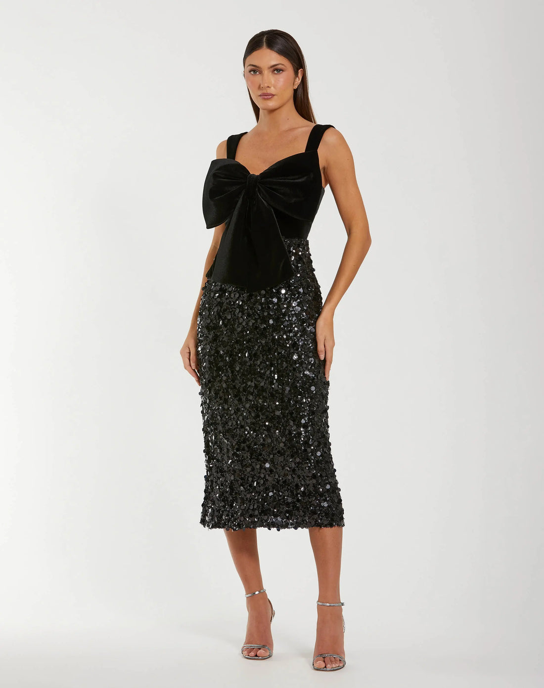 Mac Duggal Women's Sleeveless Sequin Midi Dress with Velvet Bow - Black - Size 4 Mac Duggal Women's Sleeveless Sequin Midi Dress with Velvet Bow - Black - Size 4