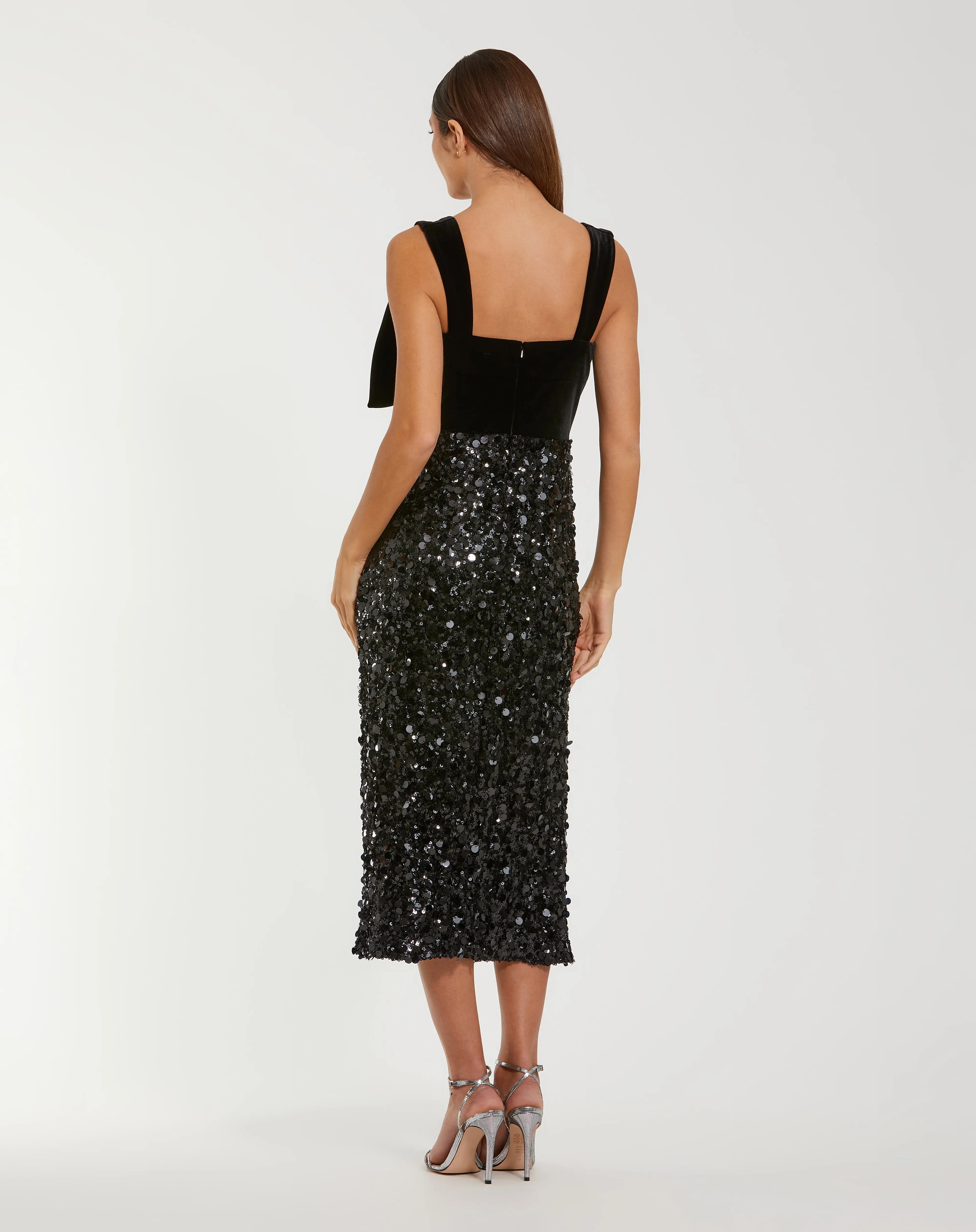 Black Sleeveless Sequin Midi Dress With Velvet Bow Ieena for Mac Duggal