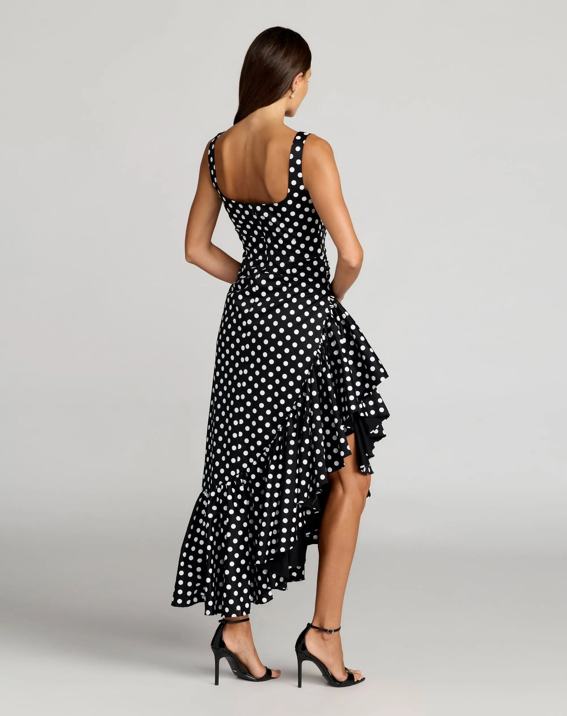Black Sleeveless Polka Dot Midi Dress With Ruffled Hem | Mac Duggal Black Sleeveless Polka Dot Midi Dress With Ruffled Hem | Mac Duggal