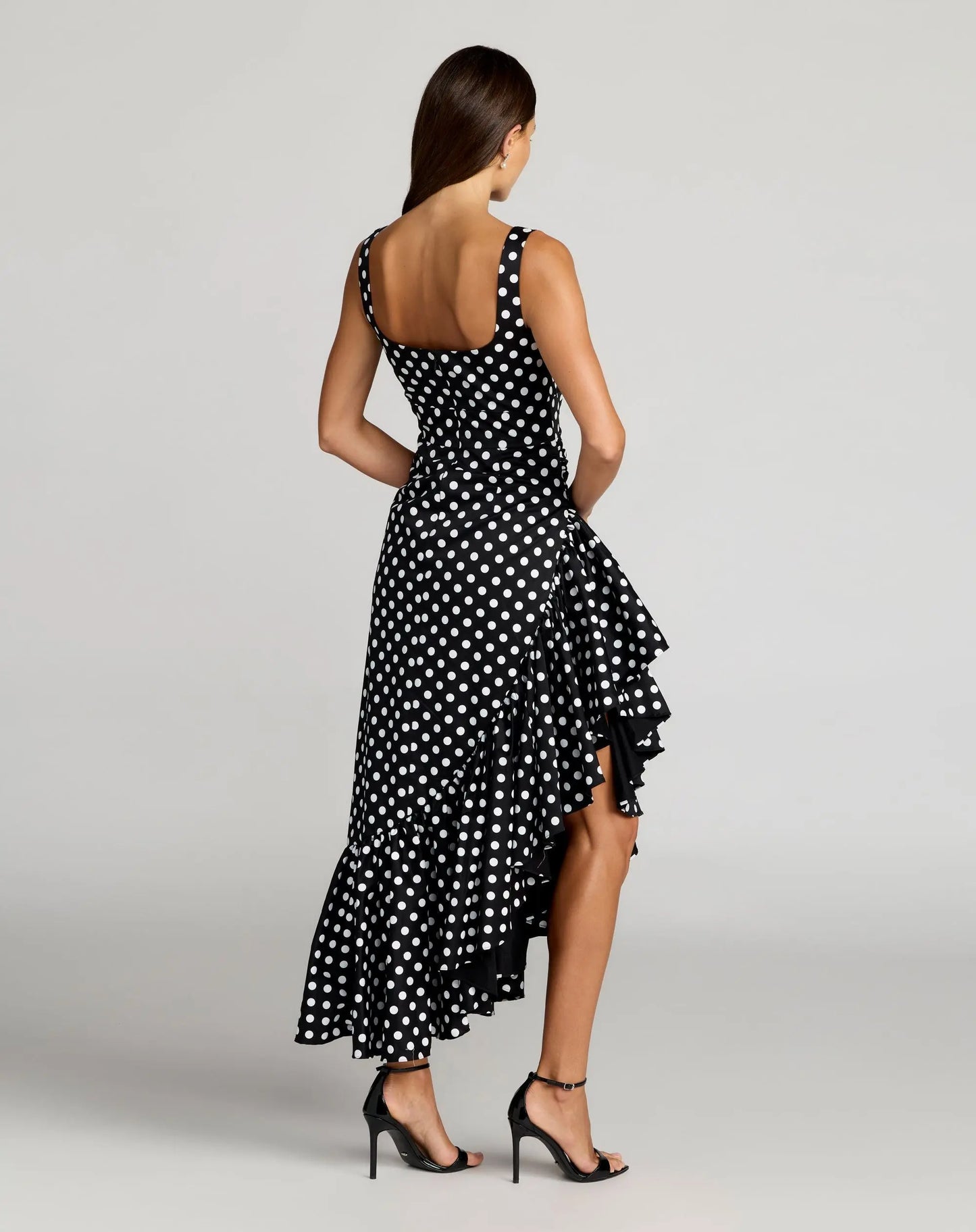 Black Sleeveless Polka Dot Midi Dress With Ruffled Hem - Ieena for Mac Duggal