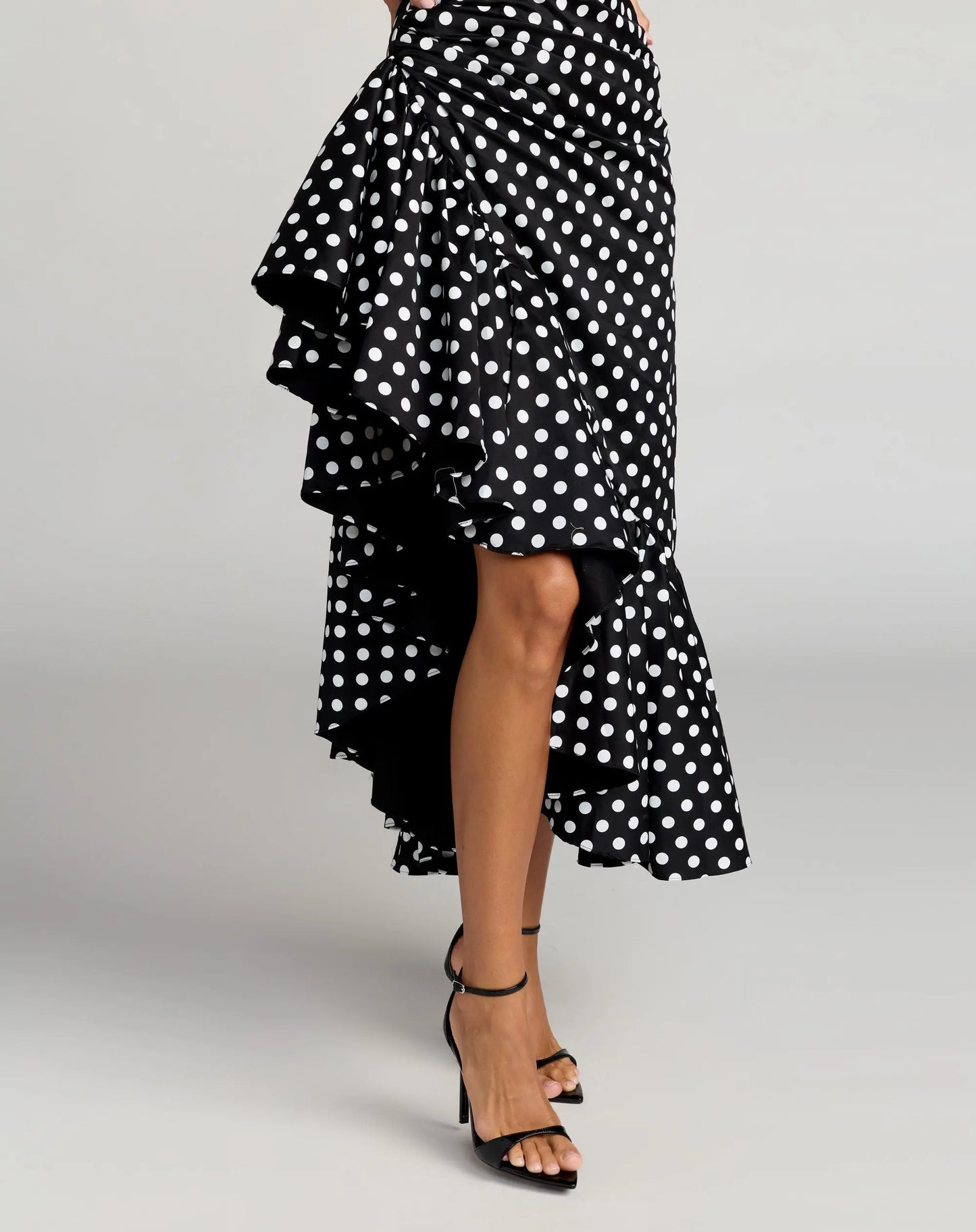 Black Sleeveless Polka Dot Midi Dress With Ruffled Hem - Ieena for Mac Duggal
