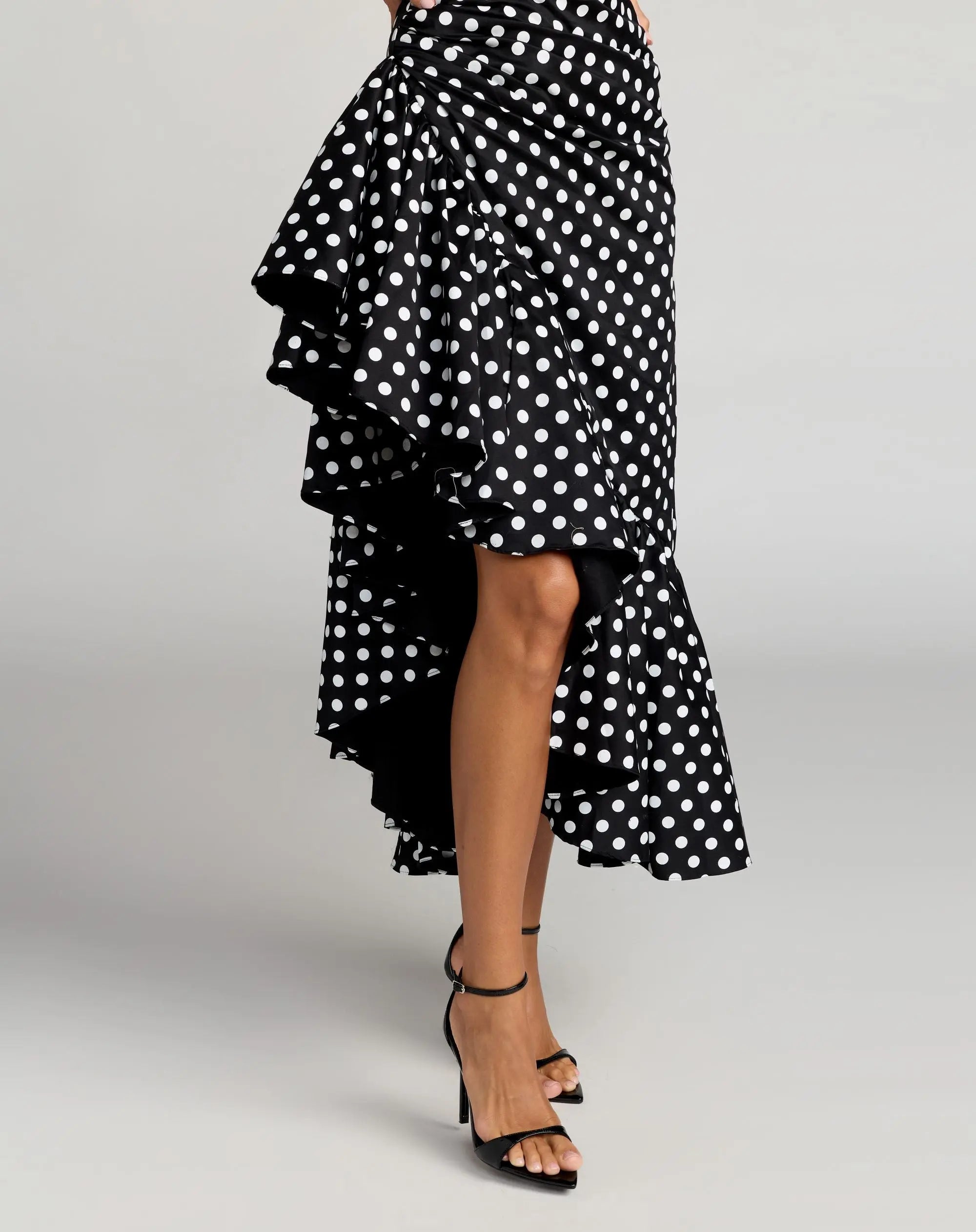 Black Sleeveless Polka Dot Midi Dress With Ruffled Hem - Ieena for Mac Duggal