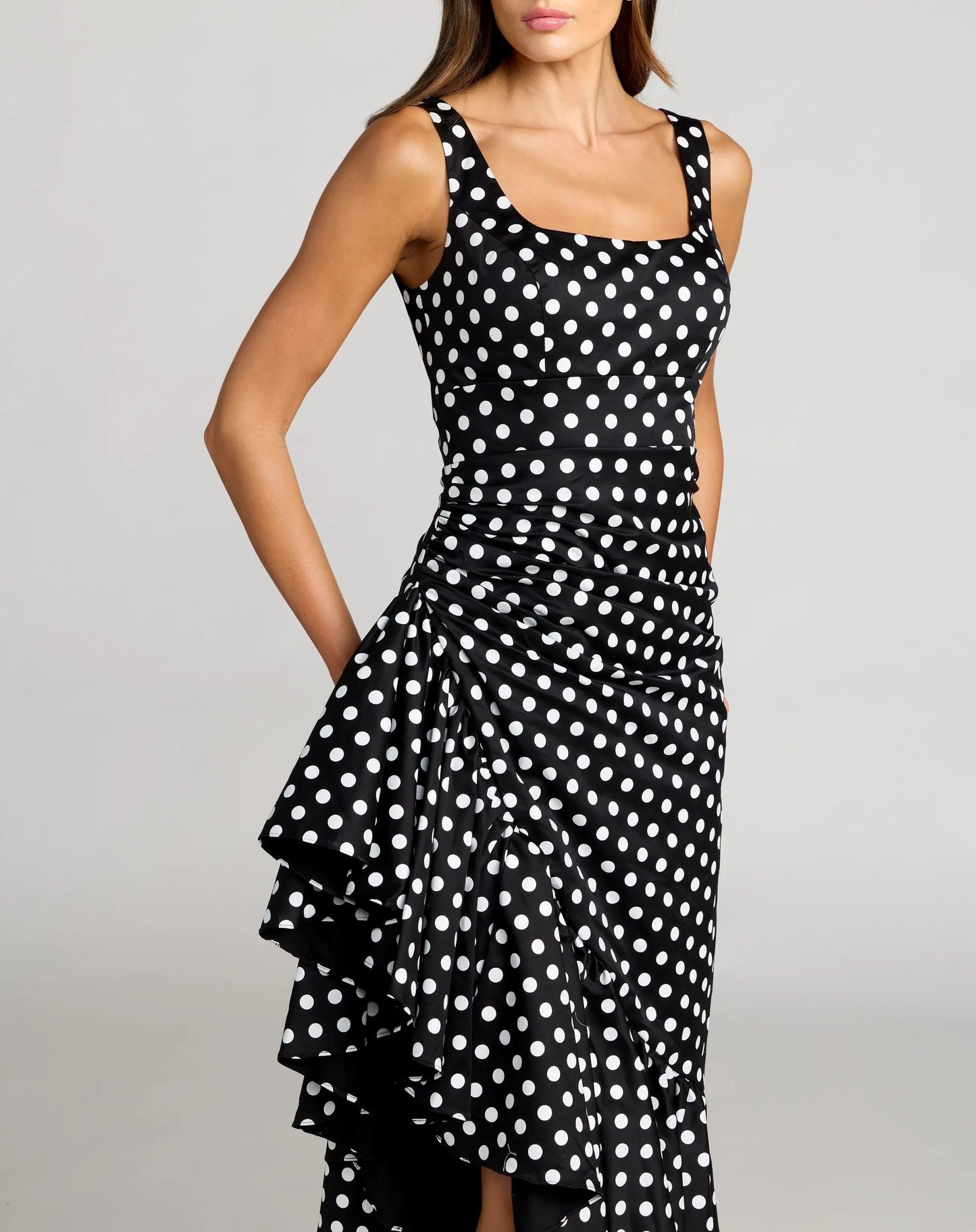 Black Sleeveless Polka Dot Midi Dress With Ruffled Hem - Ieena for Mac Duggal