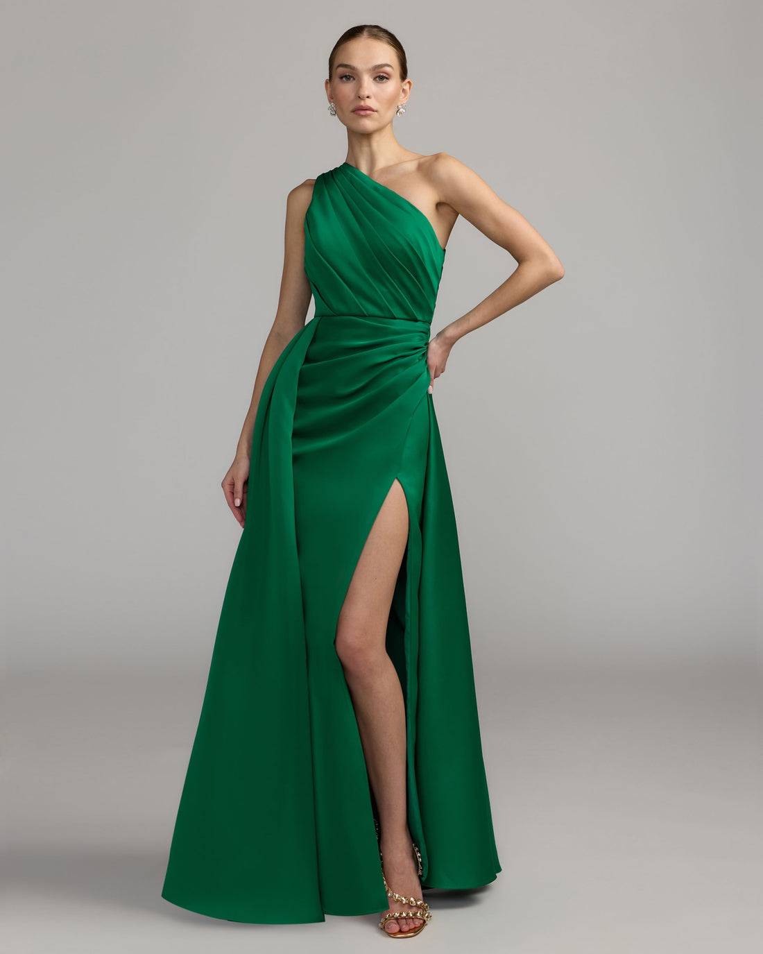 Emerald One Shoulder Satin Gown With Overskirt Mac Duggal