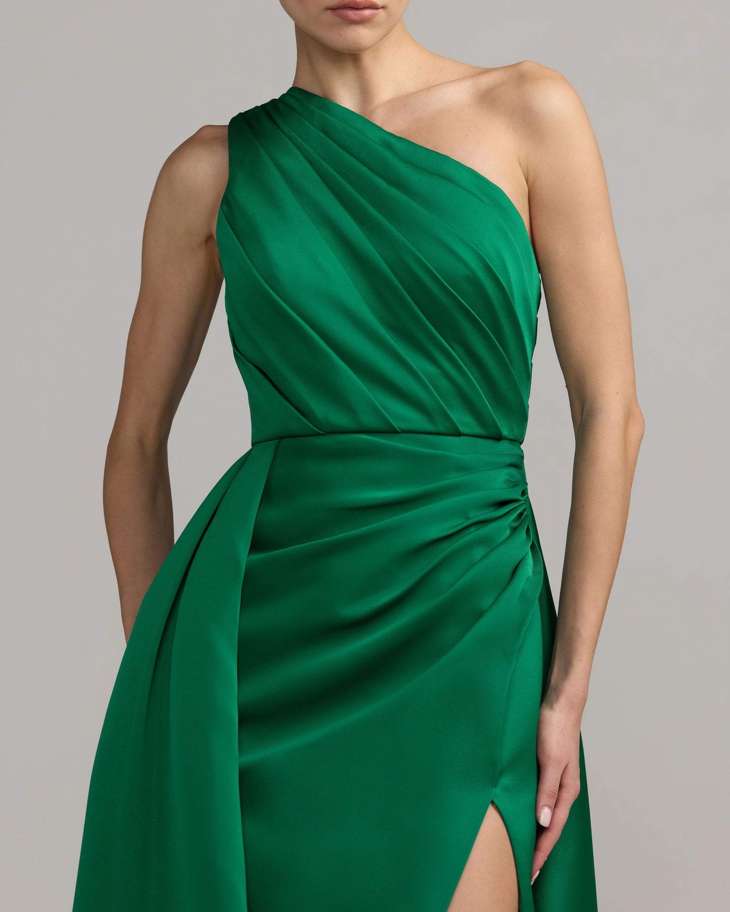 Emerald One Shoulder Satin Gown With Overskirt Mac Duggal