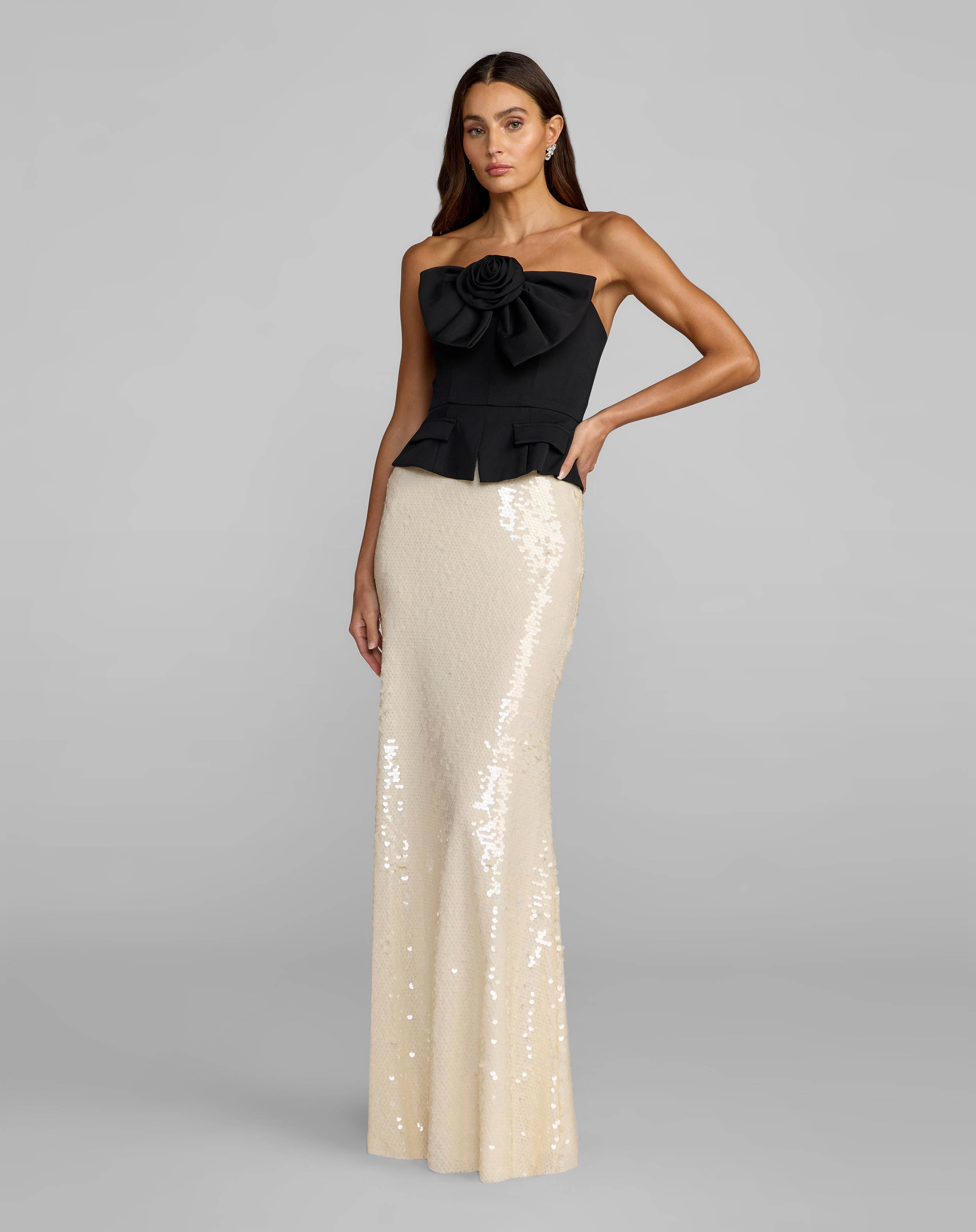 Black and White Strapless Rosette Crepe and Sequin Gown - Mac Duggal