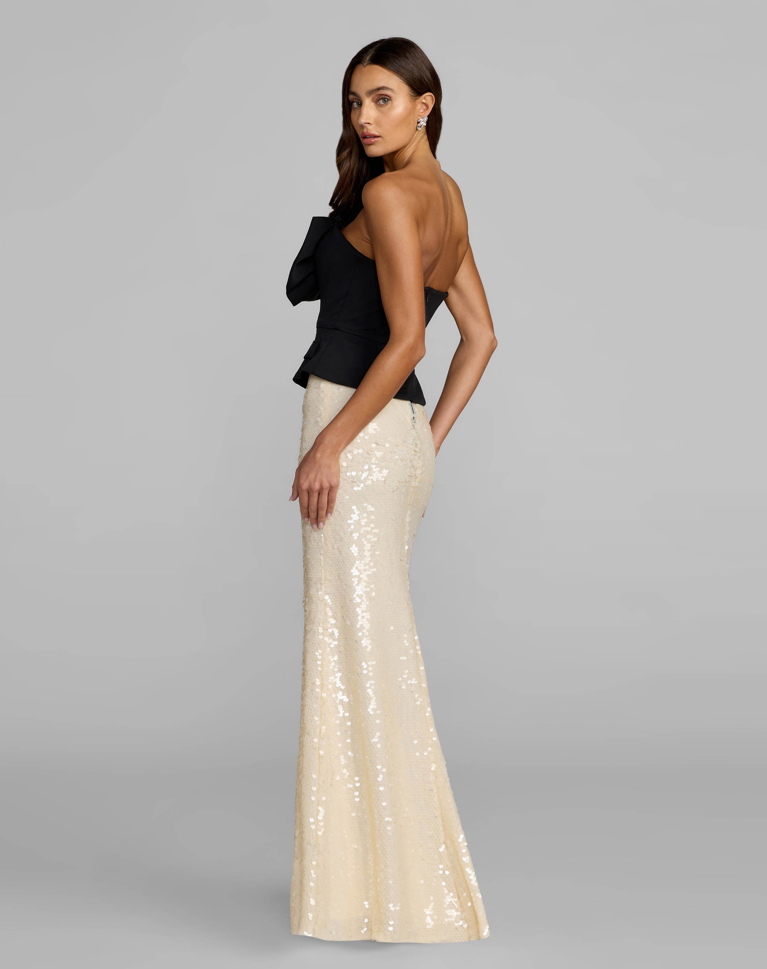 Black and White Strapless Rosette Crepe and Sequin Gown - Mac Duggal
