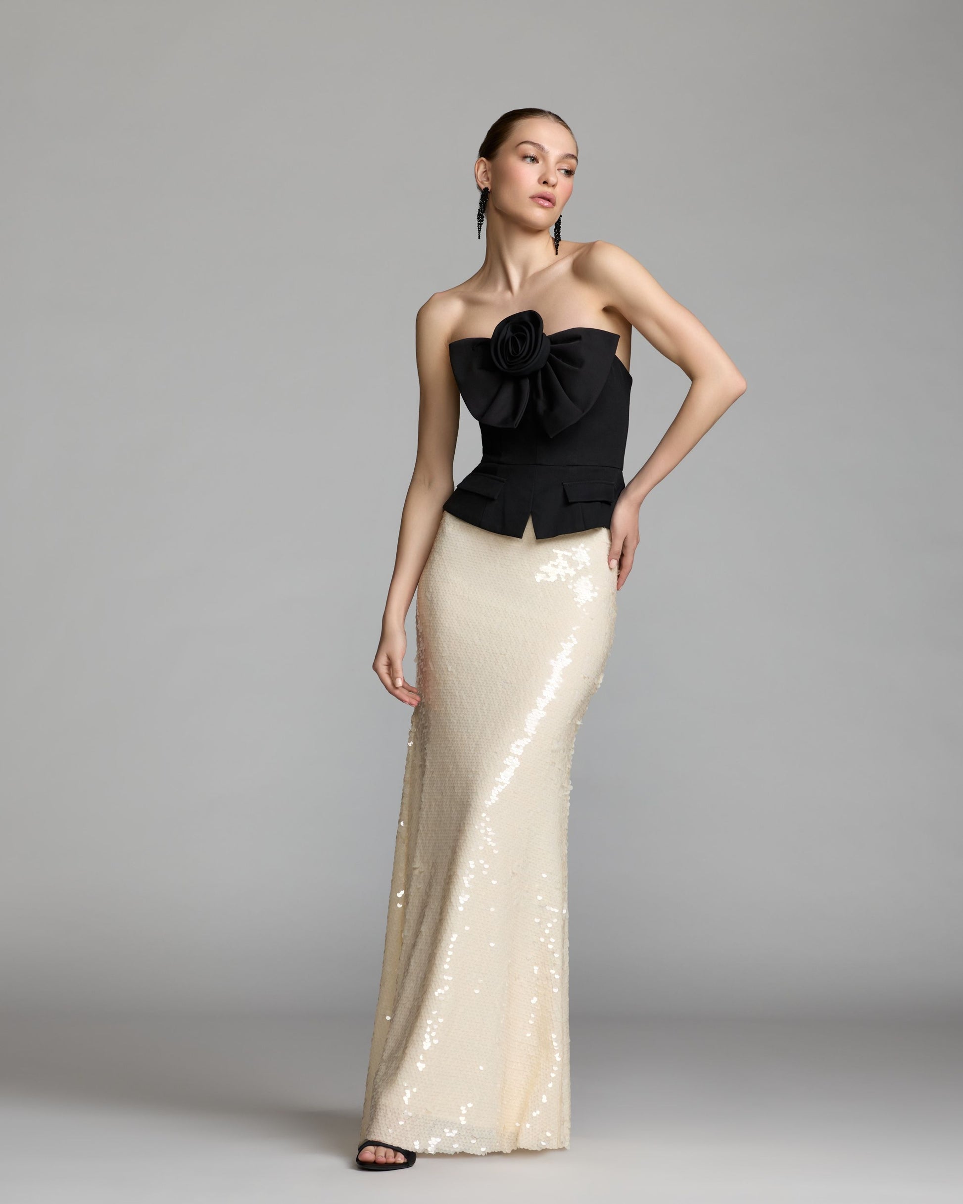 Black and White Strapless Rosette Crepe and Sequin Gown - Mac Duggal