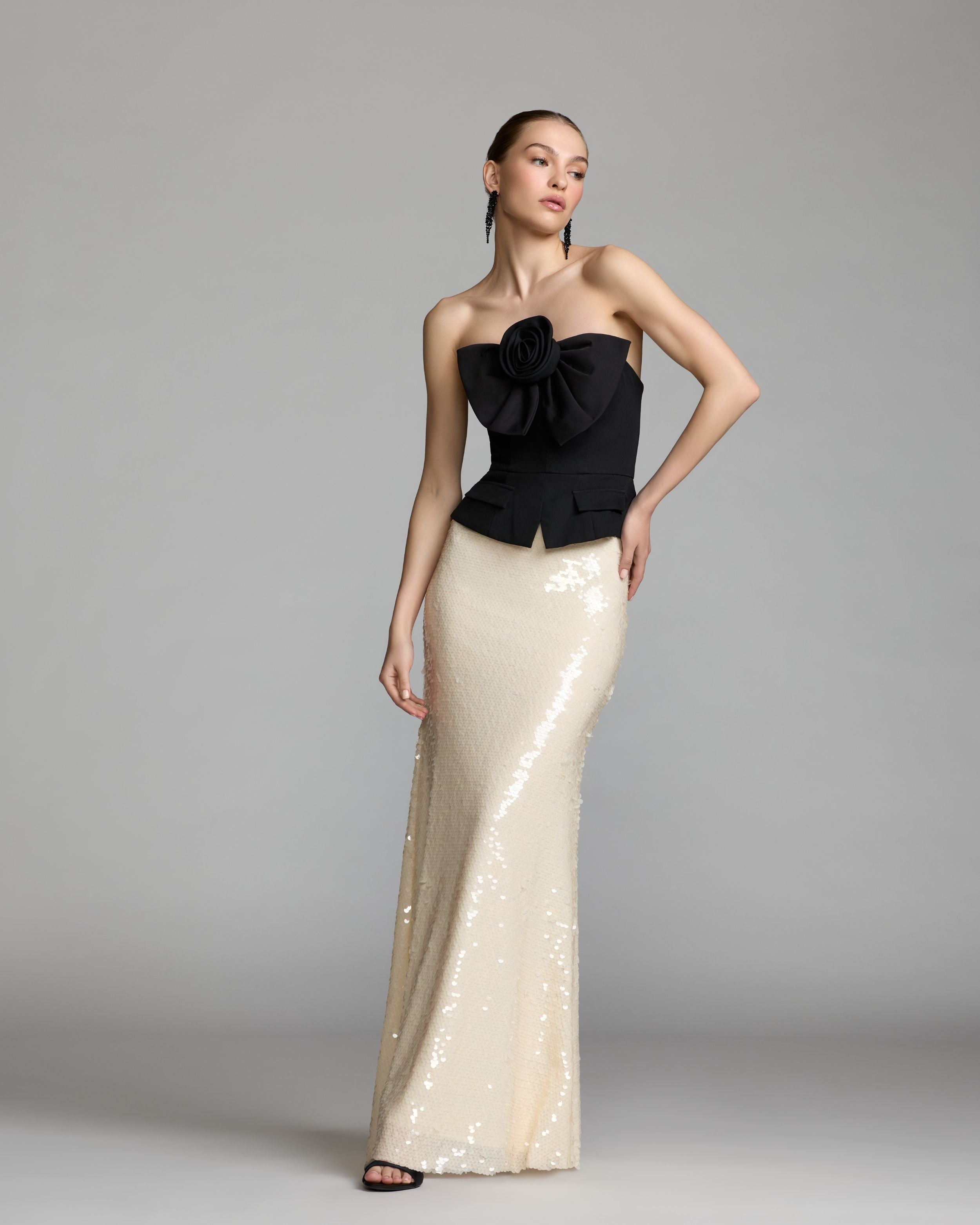 Black and White Strapless Rosette Crepe and Sequin Gown - Mac Duggal
