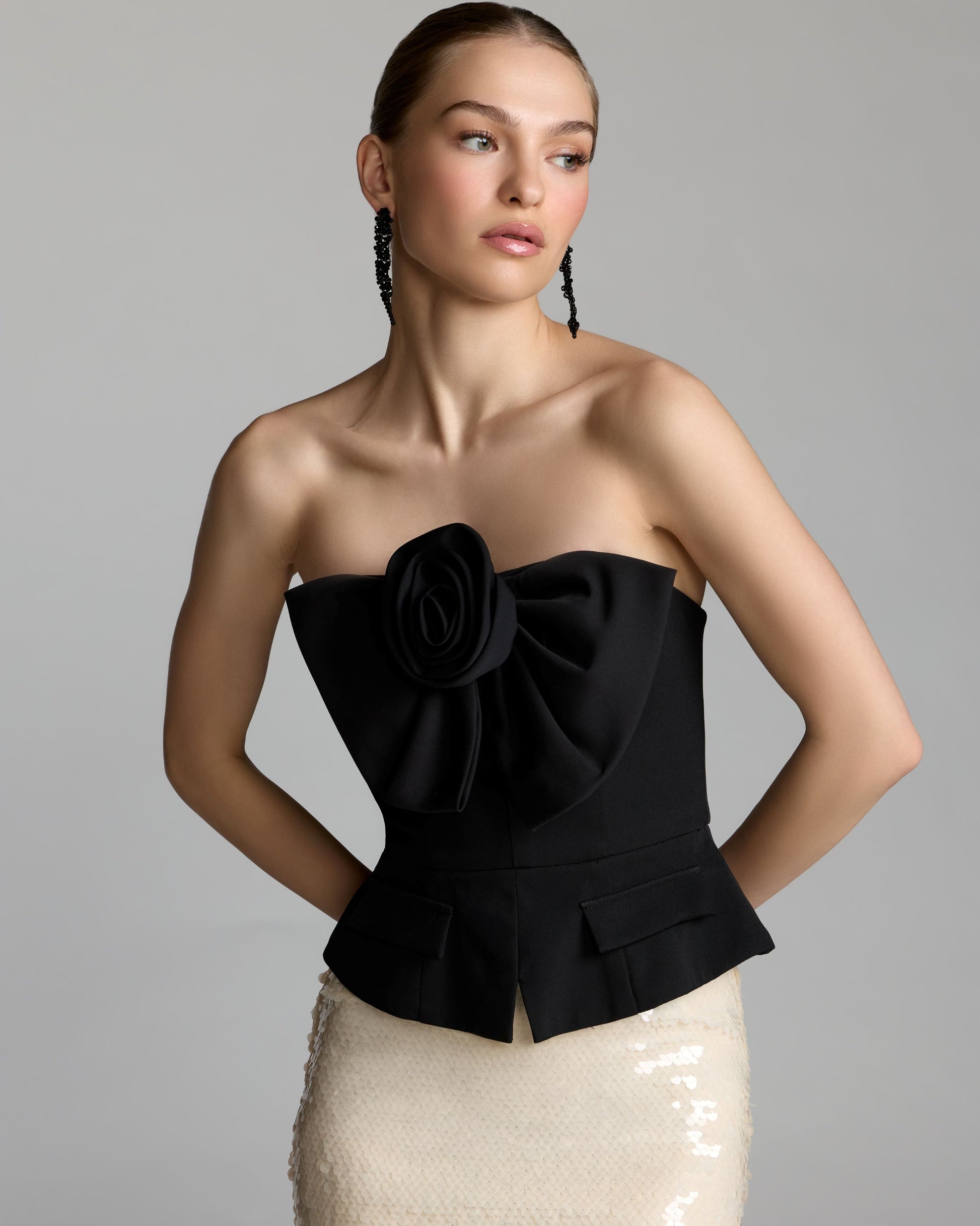 Black and White Strapless Rosette Crepe and Sequin Gown - Mac Duggal