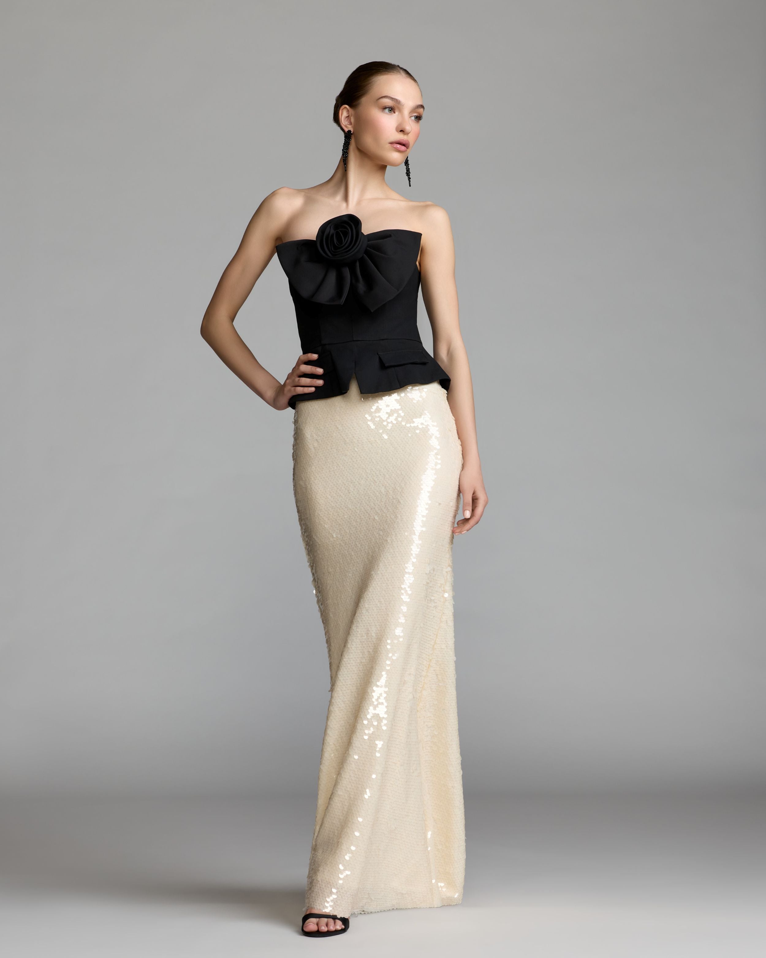 Black and White Strapless Rosette Crepe and Sequin Gown - Mac Duggal