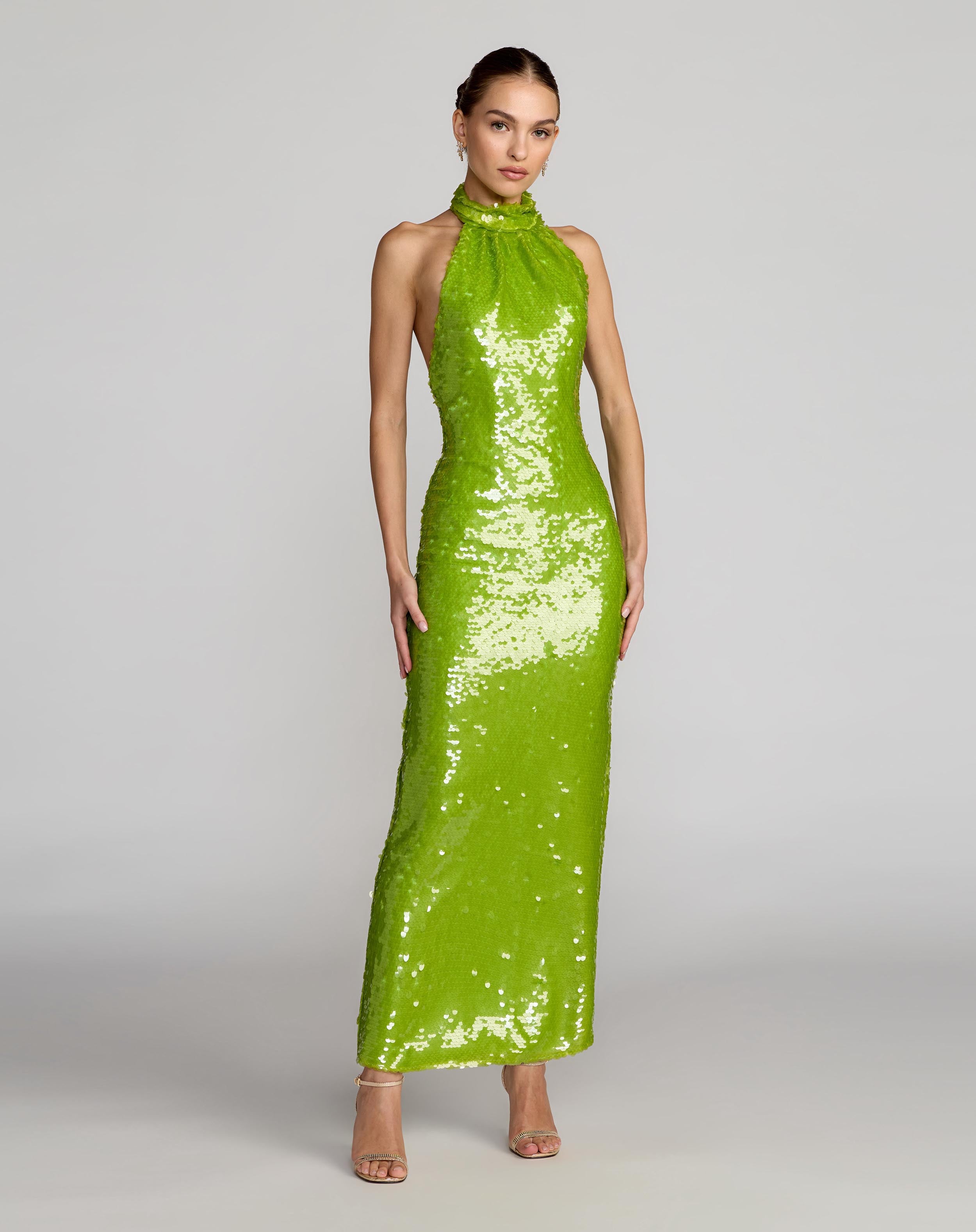 Green Sequin Halter Open Back Gown Ieena for Mac Duggal