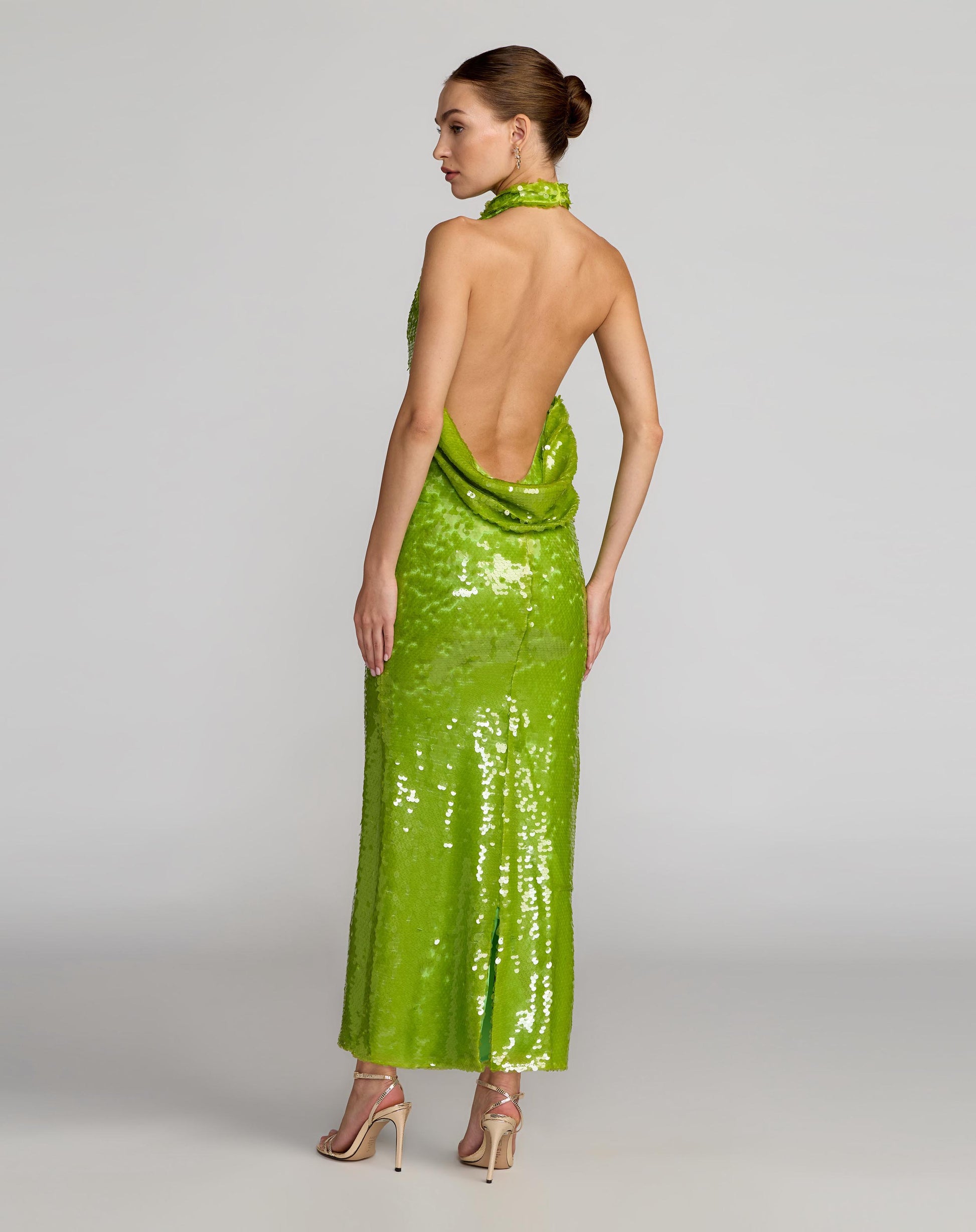 Green Sequin Halter Open Back Gown Ieena for Mac Duggal
