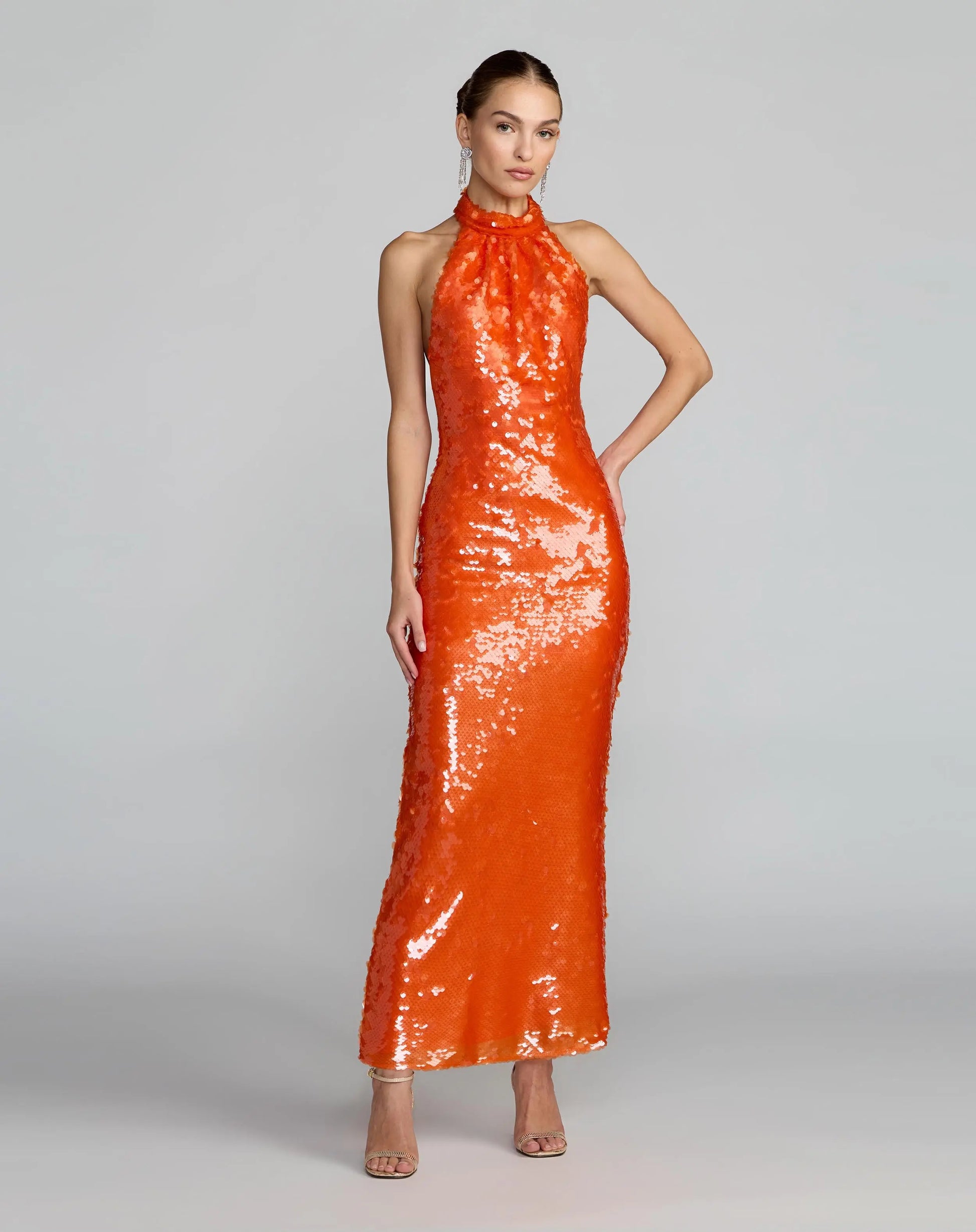 Orange Sequin Halter Neck Open Back Dress | Mac Duggal Orange Sequin Halter Neck Open Back Dress | Mac Duggal