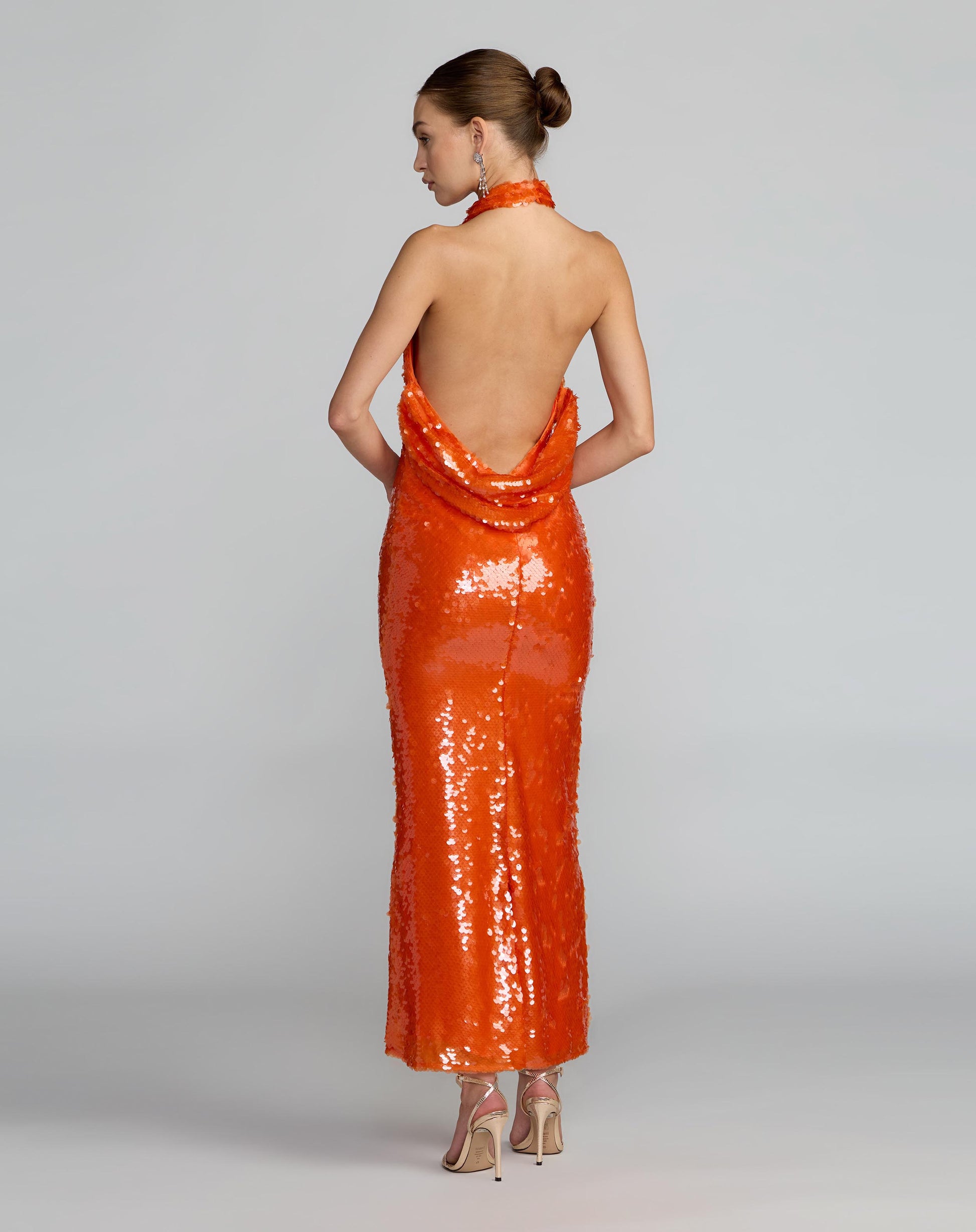 Orange Sequin Halter Open Back Gown Ieena for Mac Duggal