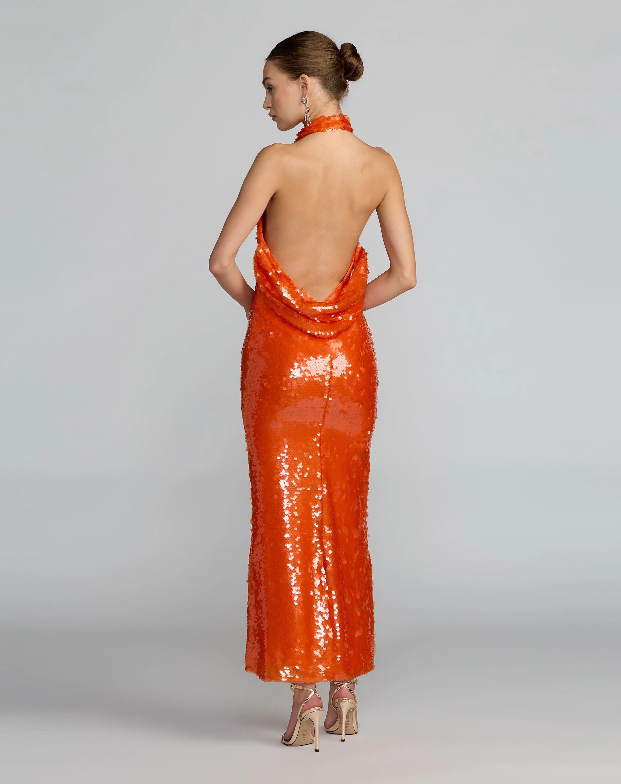 Orange Sequin Halter Open Back Gown Ieena for Mac Duggal