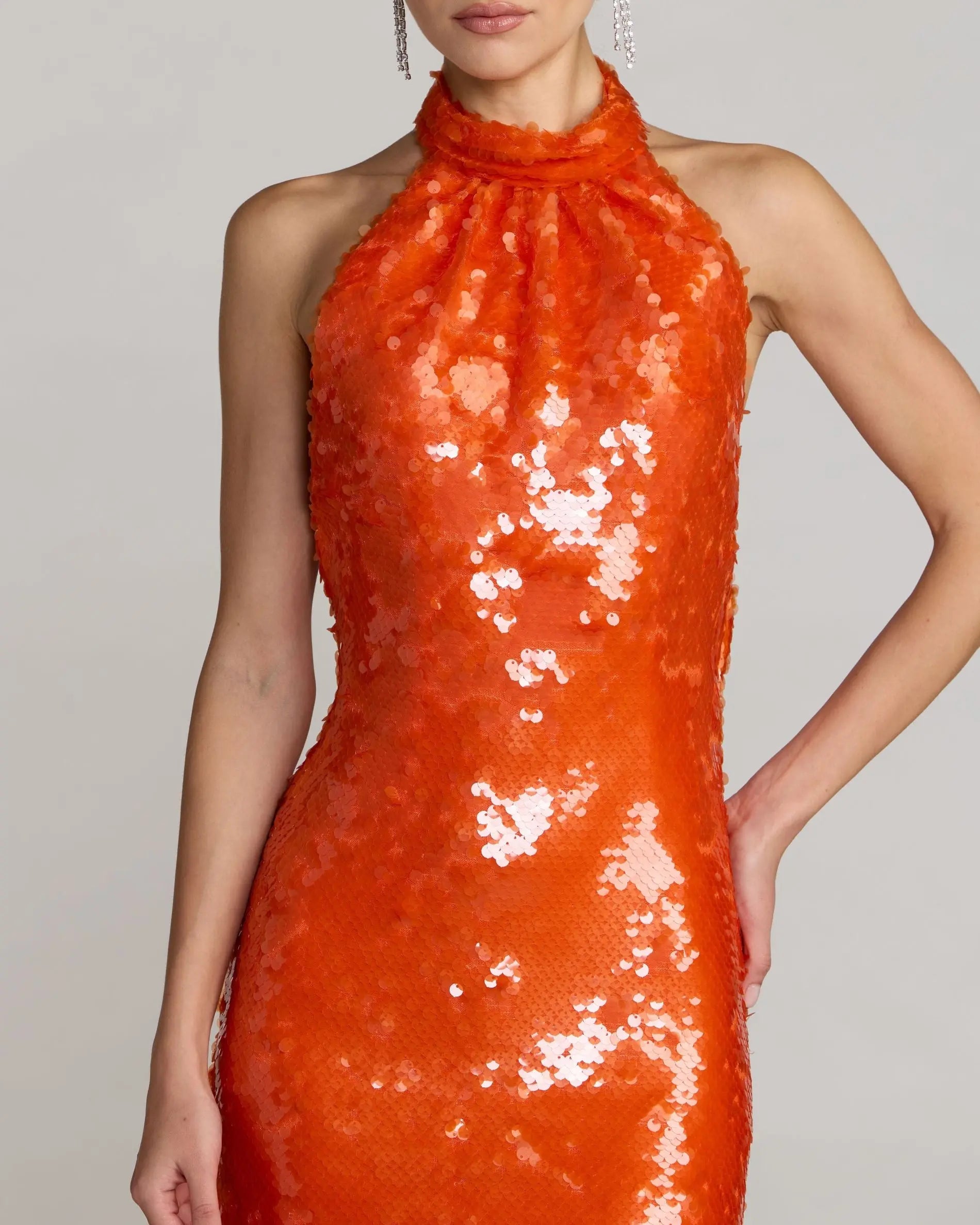 Orange Sequin Halter Neck Open Back Dress | Mac Duggal Orange Sequin Halter Neck Open Back Dress | Mac Duggal