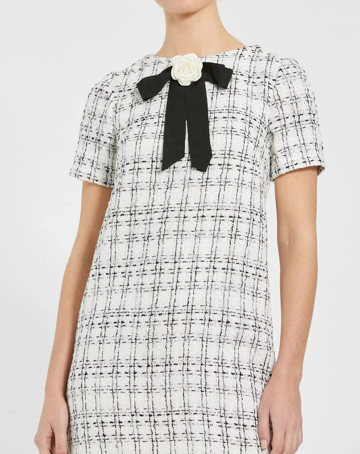 White Short Sleeve High Neck Boucle Mini Dress With Bow - Ieena for Mac Duggal