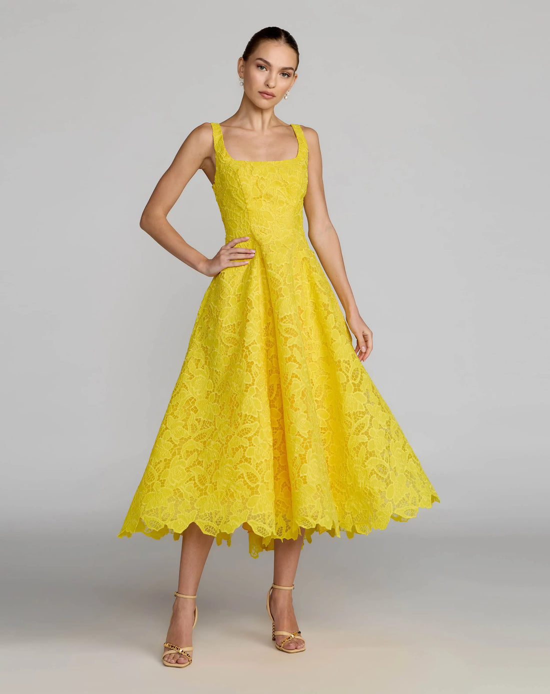 a line dress yellow Yellow Lace Square Neck A-Line Midi Dress
