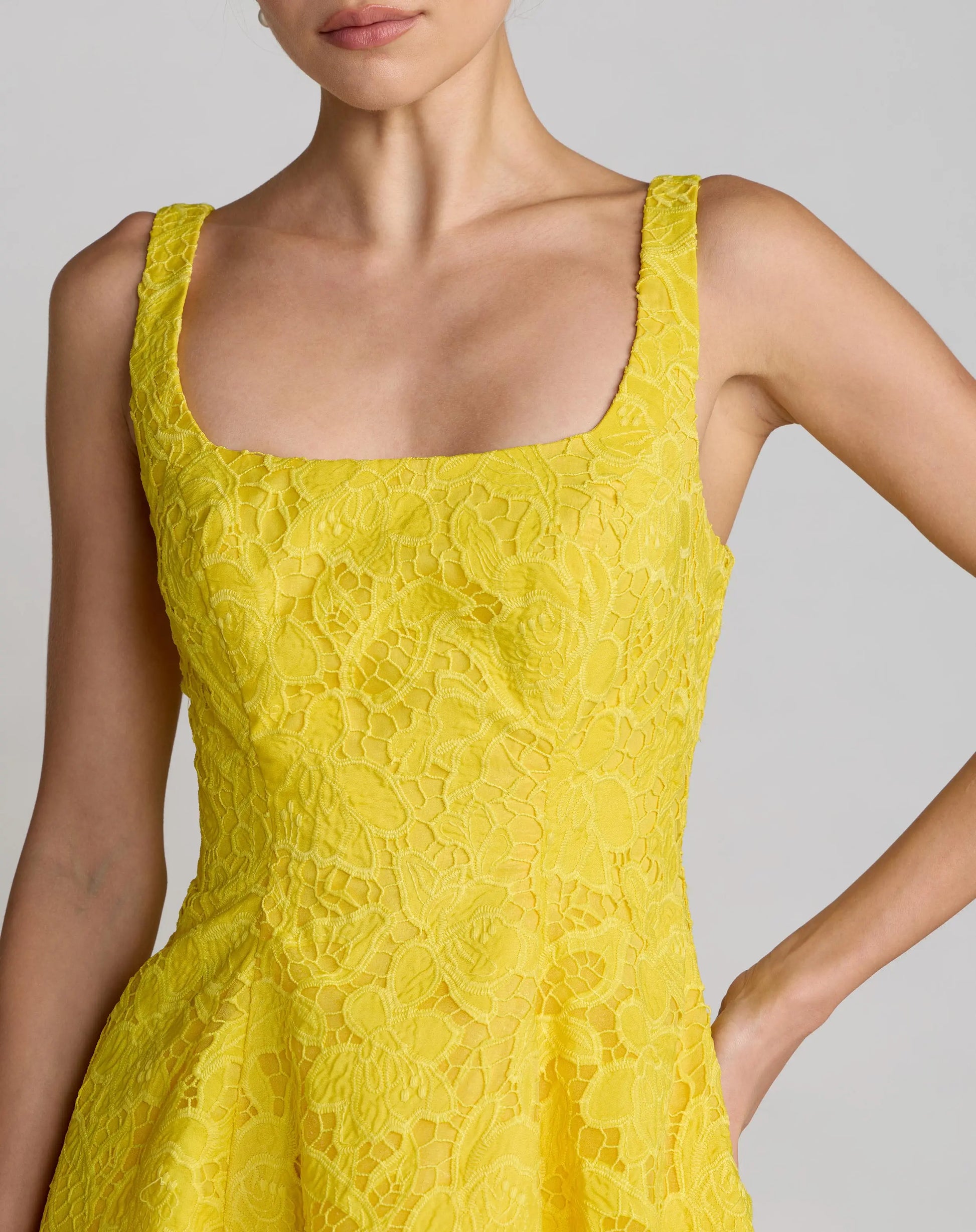 Yellow Lace Square Neck A-Line Midi Dress | Mac Duggal Yellow Lace Square Neck A-Line Midi Dress | Mac Duggal