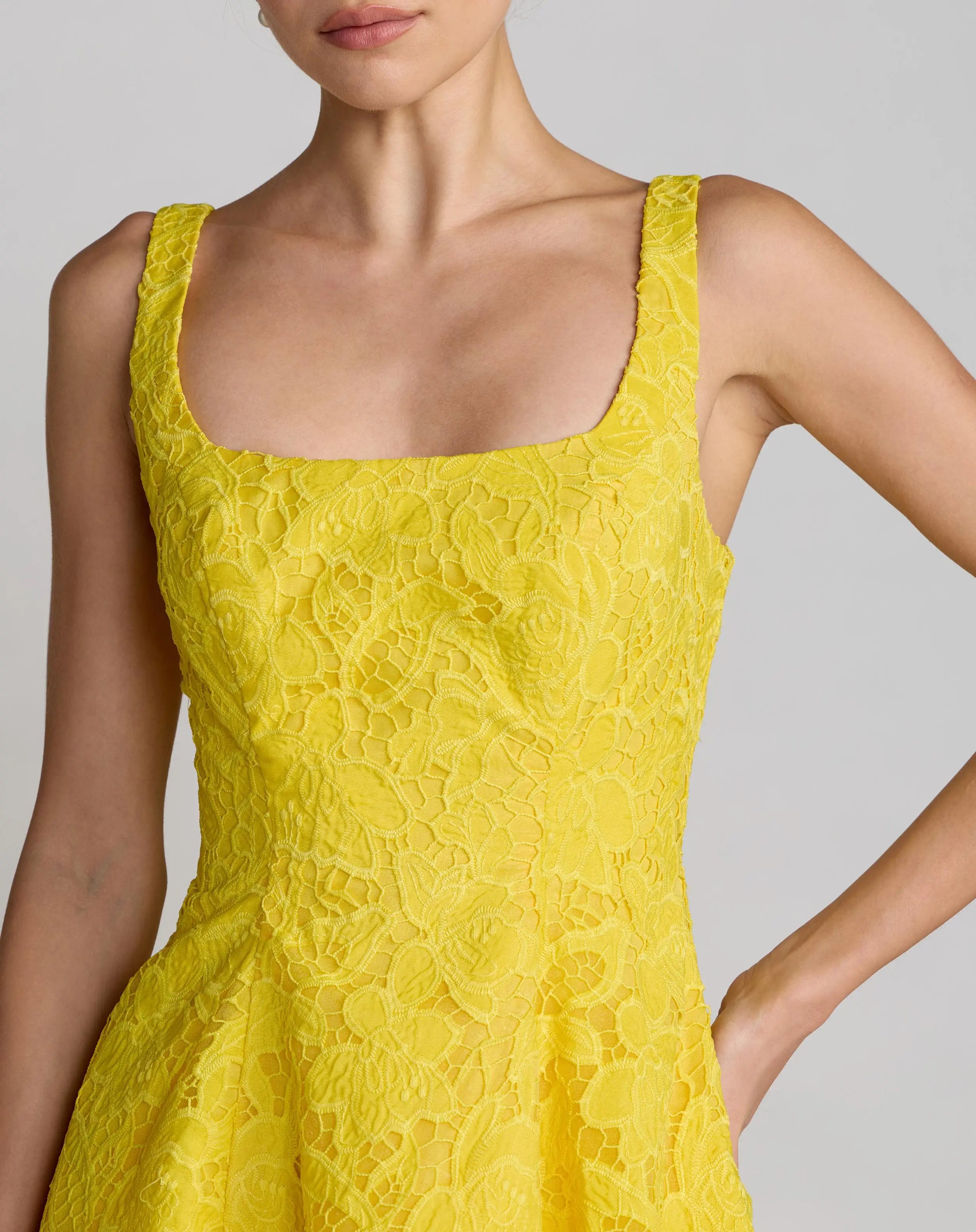 Yellow Lace Scoop Neck A-Line Midi Dress Ieena for Mac Duggal