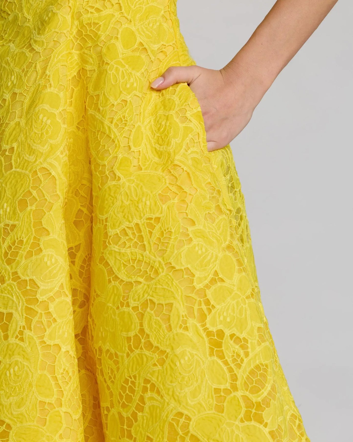Yellow Lace Square Neck A-Line Midi Dress | Mac Duggal Yellow Lace Square Neck A-Line Midi Dress | Mac Duggal