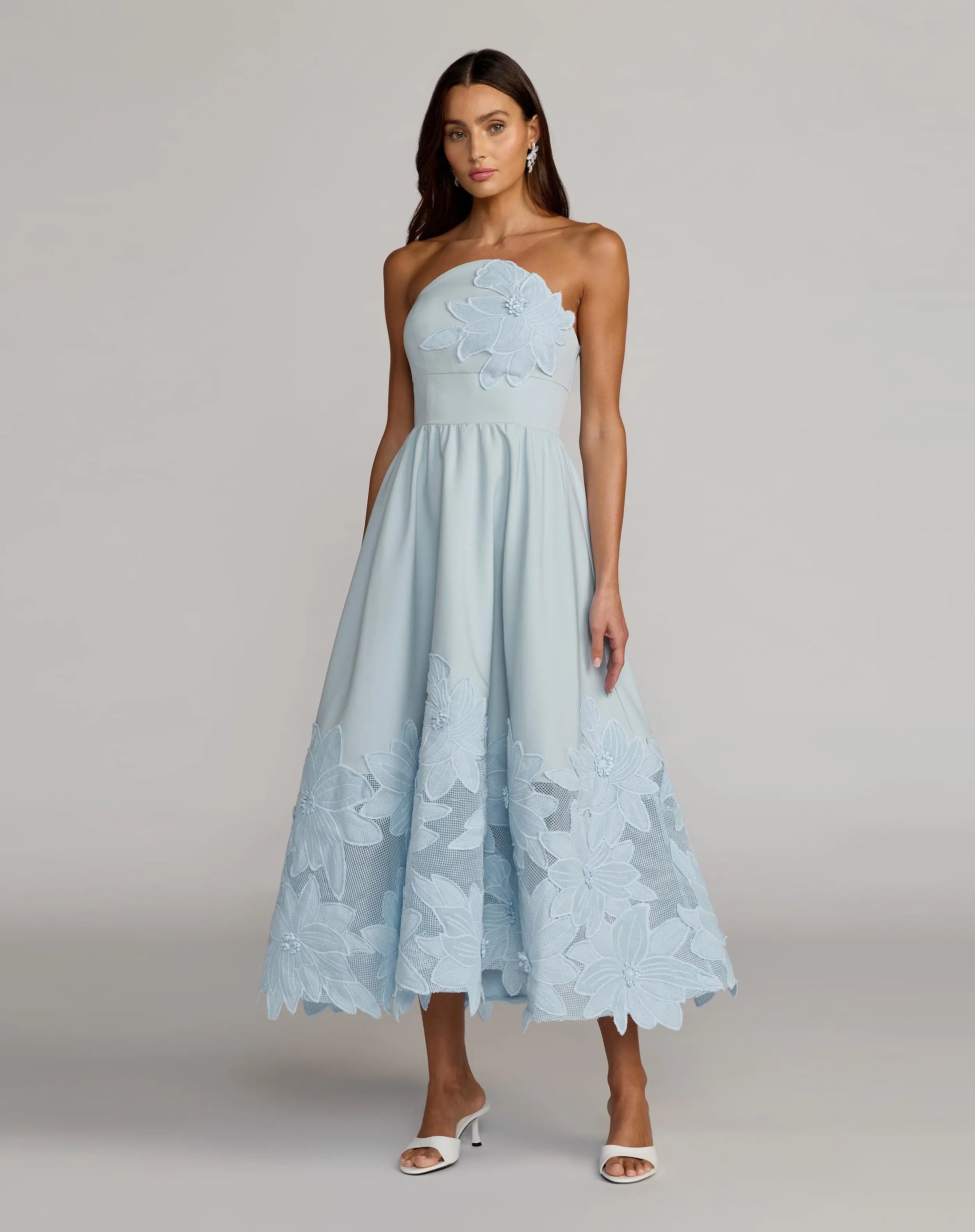Blue Strapless Floral Appliqué Midi Dress Ieena for Mac Duggal