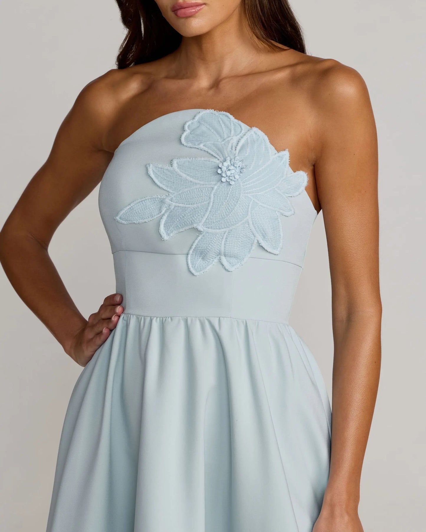 Blue Strapless Floral Appliqué Midi Dress Ieena for Mac Duggal