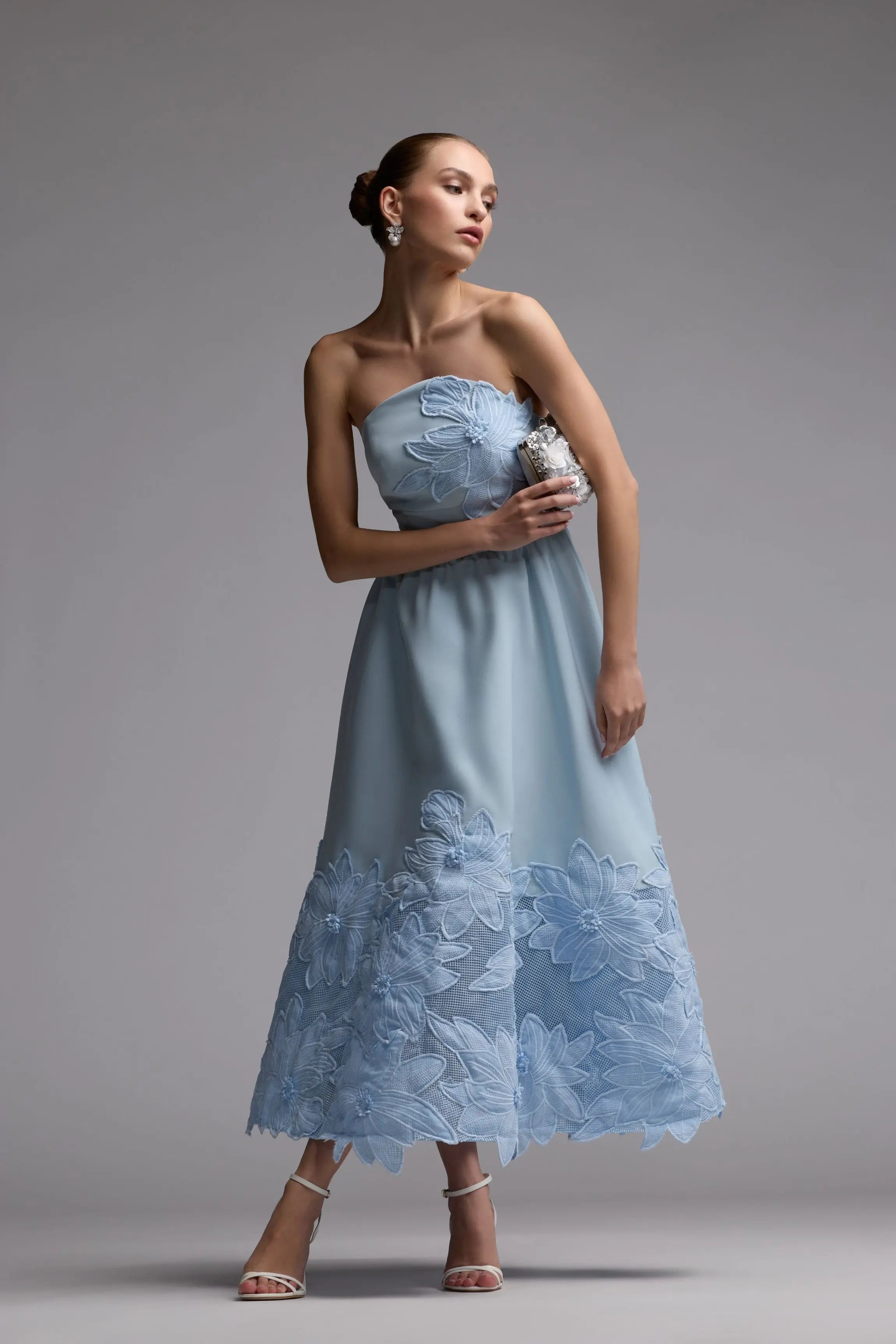 Blue Strapless Floral Appliqué Midi Dress Ieena for Mac Duggal