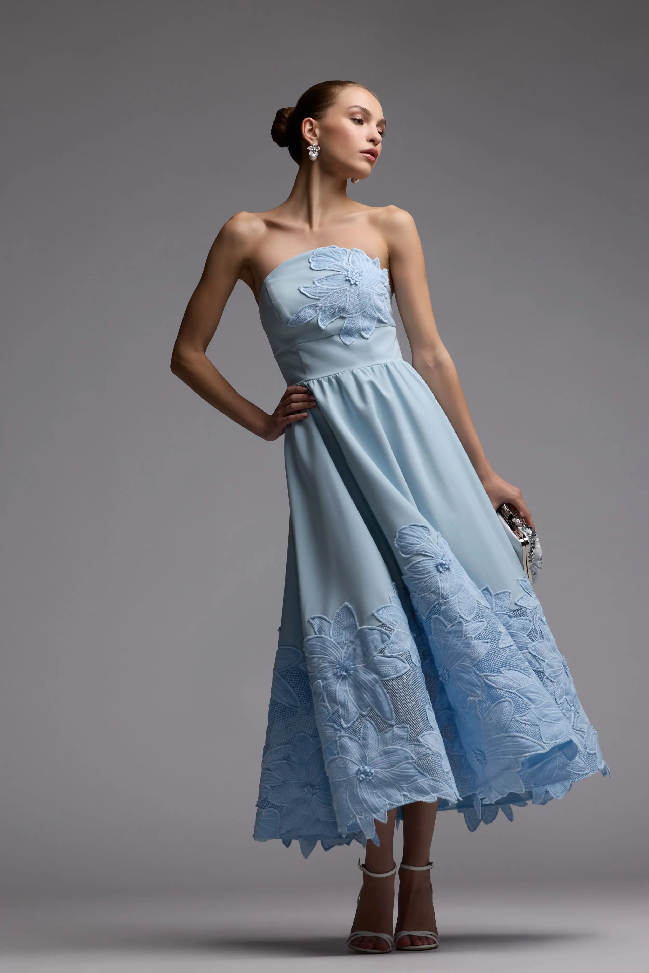 Blue Strapless Floral Appliqué Midi Dress Ieena for Mac Duggal