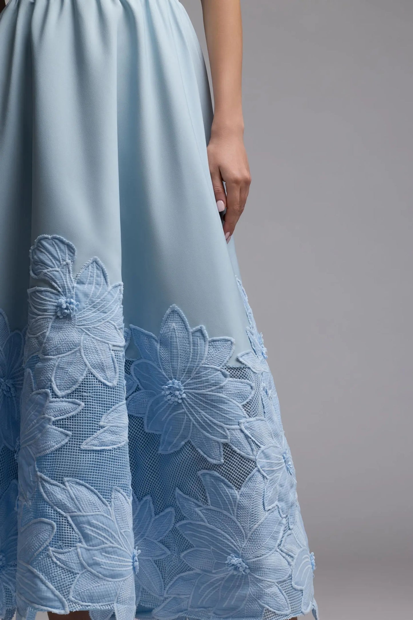 Blue Strapless Floral Appliqué Midi Dress Ieena for Mac Duggal