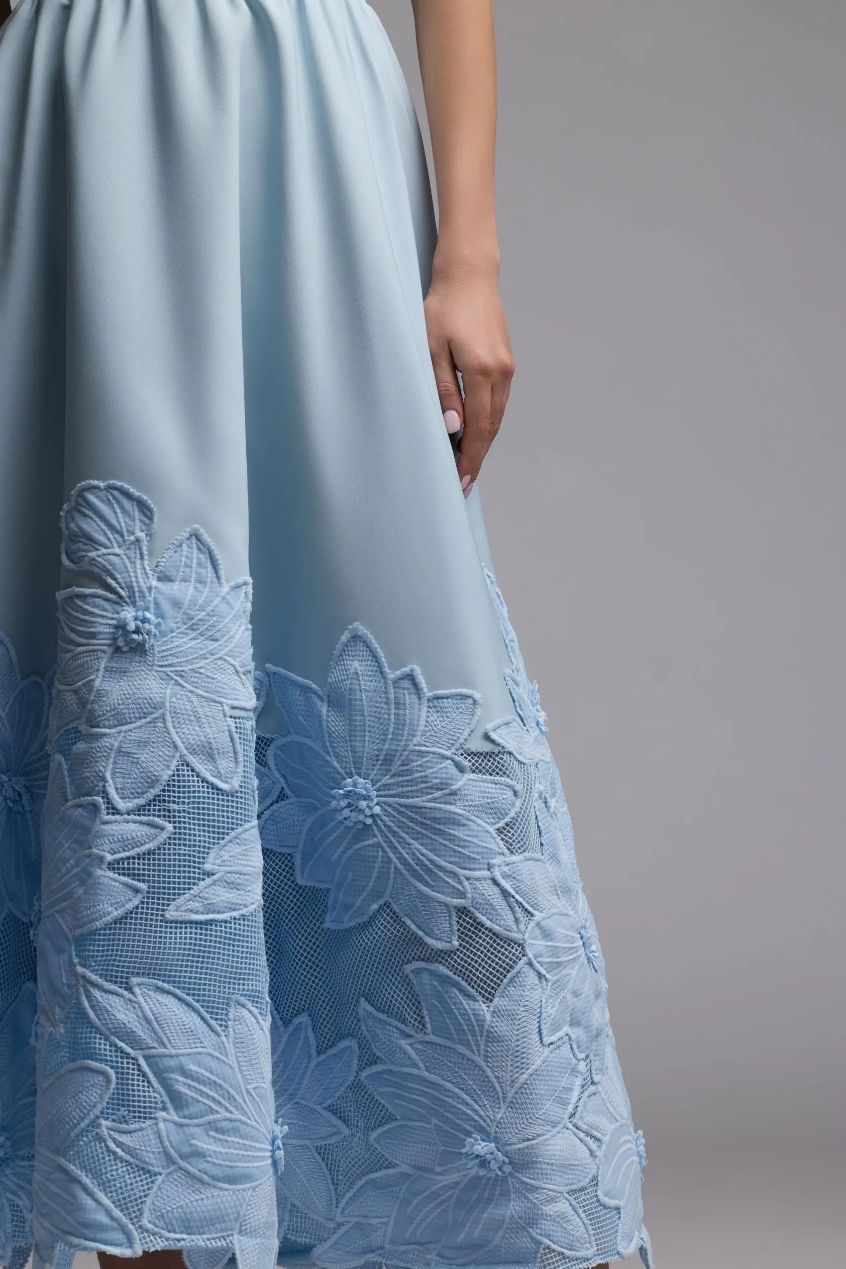 Blue Strapless Floral Appliqué Midi Dress Ieena for Mac Duggal