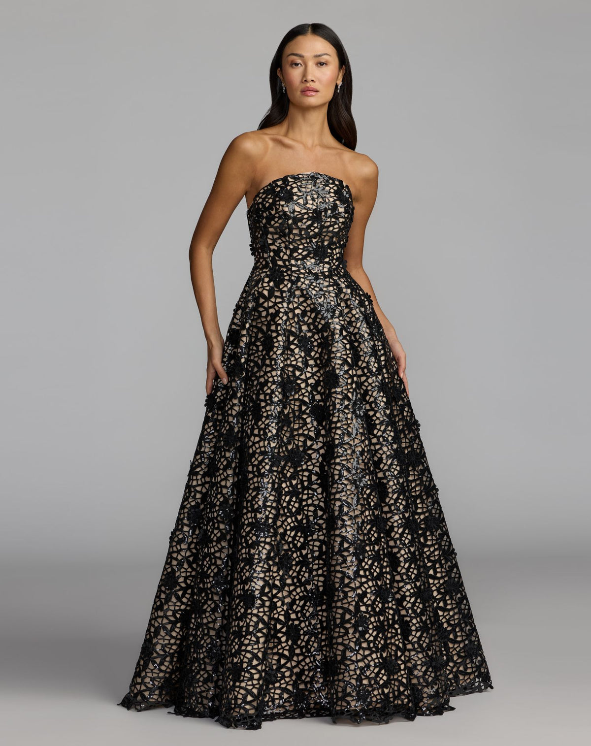 Black Nude Sequin Floral Lace Strapless Ball Gown - Mac Duggal