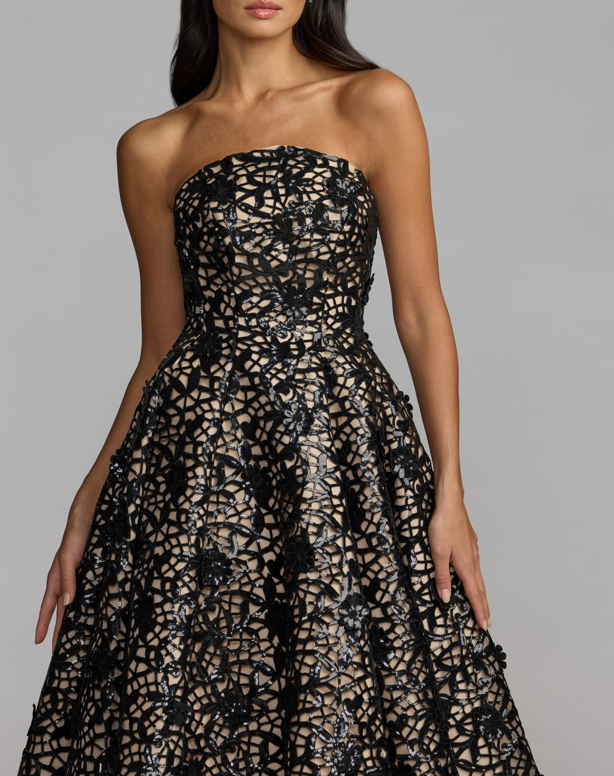 Black Nude Sequin Floral Lace Strapless Ball Gown - Mac Duggal